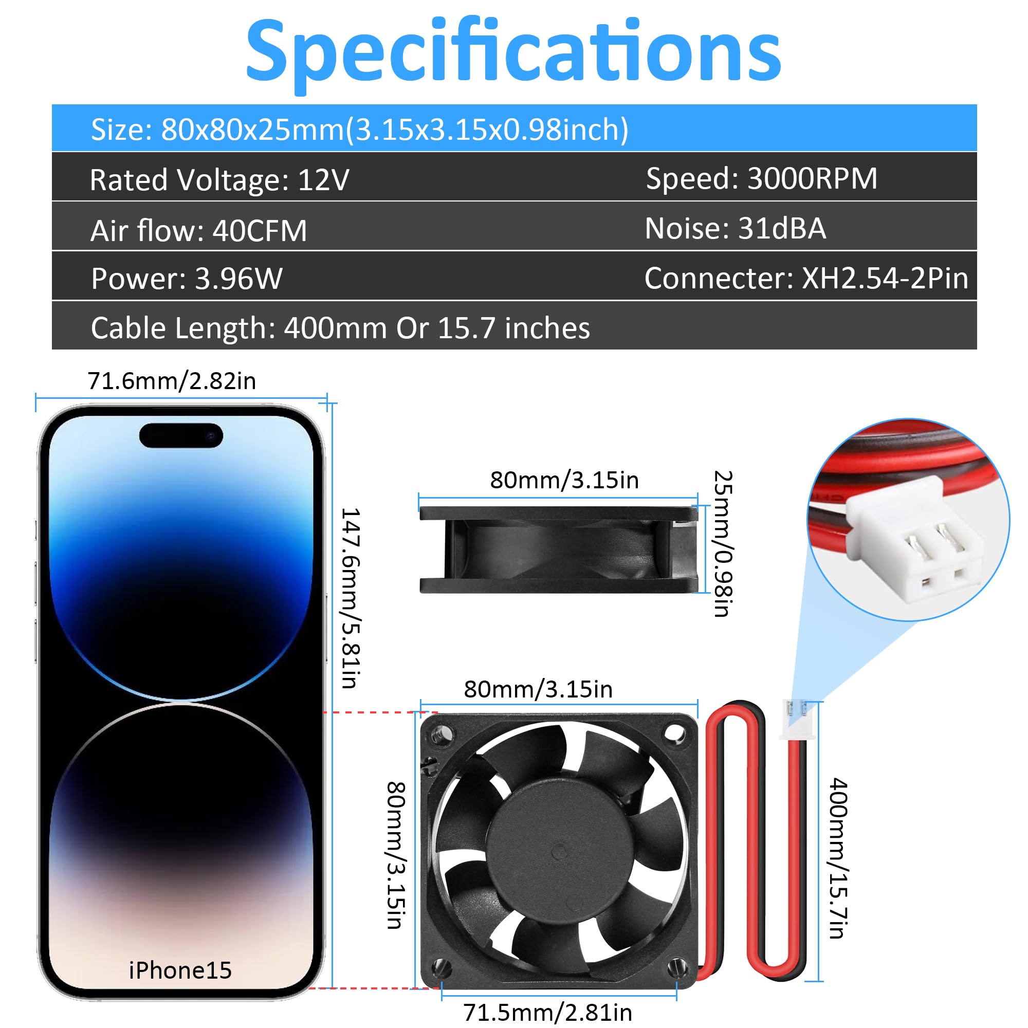 80Mm Dc Fan 12V Computer Fan 80Mm 3.15 Inch 2 Pin Xh 2.54 8025 High Performance Cooling Fan 3000Rpm 2 Pack