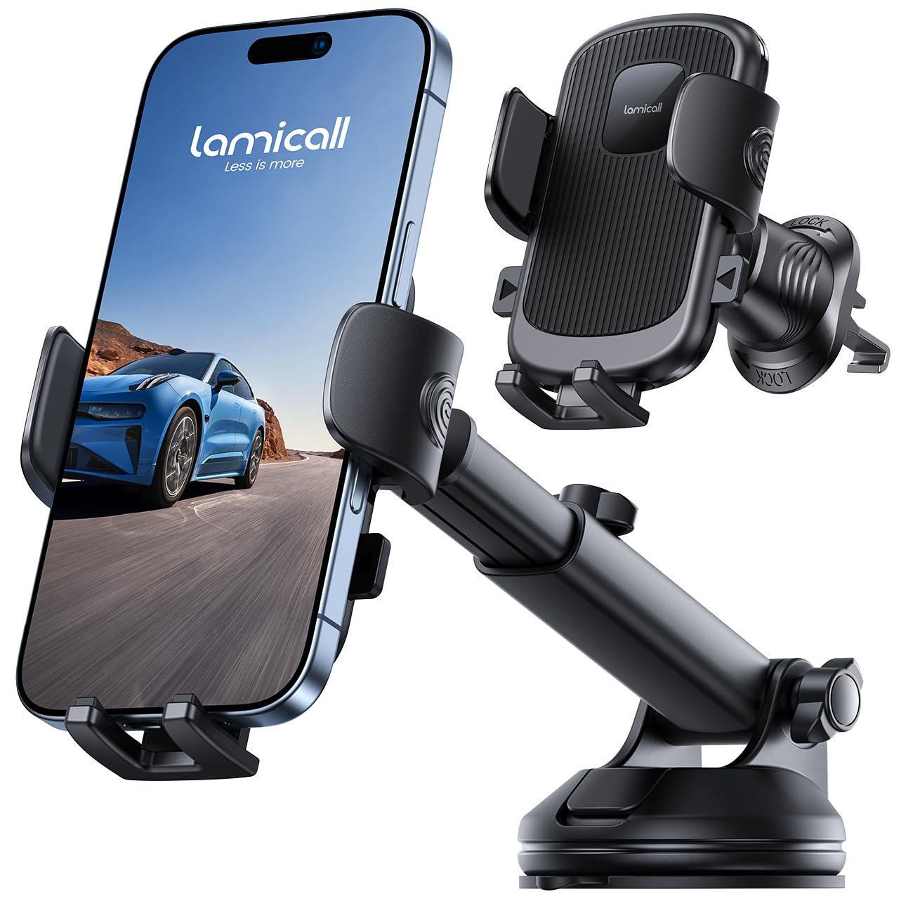 Lamicall Car Phone Holder Mount [3-In-1 Military-Grade Suction Cup] 360 Rotation Phone Holders For Your Car [Metal Hook] Cell Ph