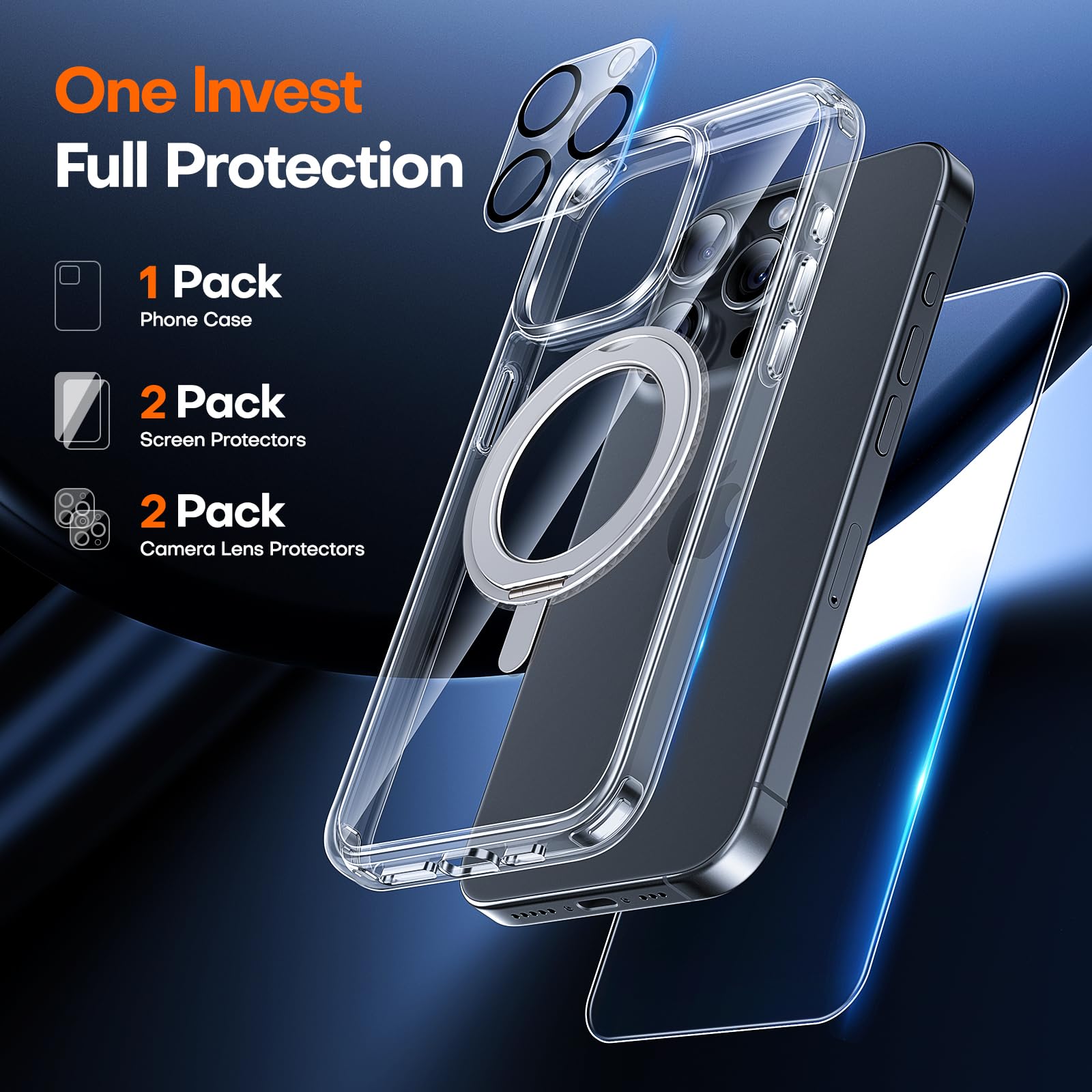 Tauri 360Rotatable Magnetic Ring For Iphone 15 Pro Max Case Clear, [Designed For Magsafe] With Stand & Ring Holder, [Not Yellowi