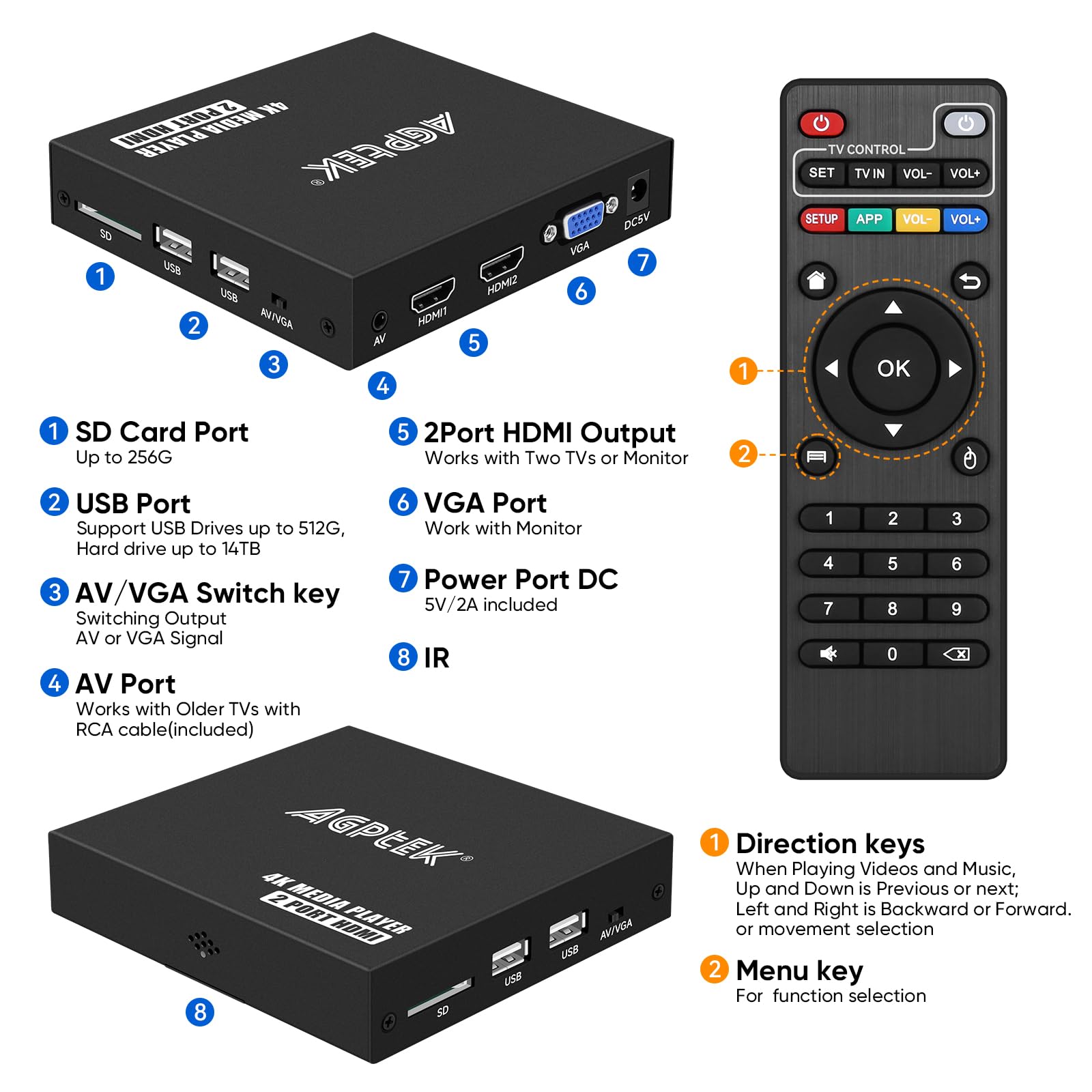 4K@30Hz Hdmi Tv Media Player With Dual Hdmi, One Av/Vga Output, 4K Hdmi Splitter Function, Digital Mp4 Player For 14Tb Hdd/512G