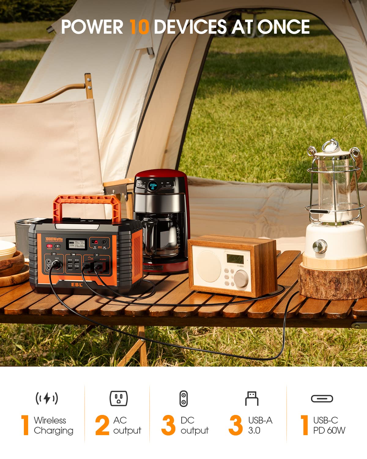 Ebl Portable Power Station 1000W, Camping Solar Generator 270000Mah With 110V Ac Outlet, Pd 60W Fast Charging For Home Camping E