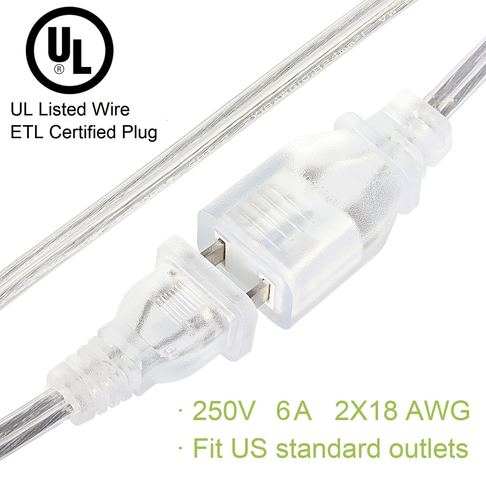 Peesin Extension Cord 6 Feet, 2 Pack Clear Extension Cord, Ul Certified Power Cord Extension, 2 Prong Extension Cord Male To Fem