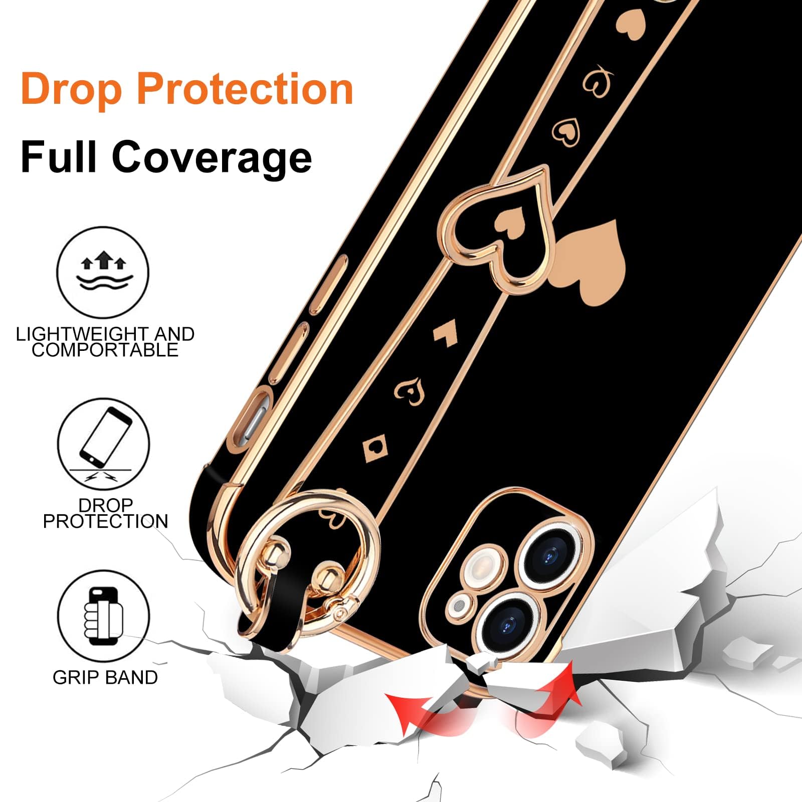 Llz.Coque For Iphone 11 Case Cute Love Heart Plating Strap Phone Cover For Women Girlss Bling Soft Silicone Camera Lens Protecti