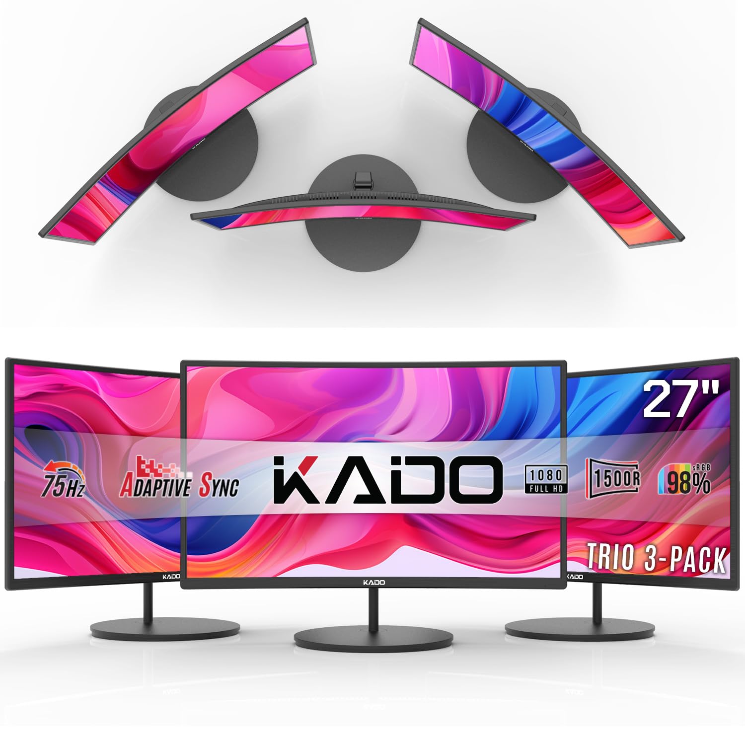 Kado Triple Monitor Setup - 3-Pack 27 1920x1080 Curved Computer Monitor 1500R 75Hz VESA Mount HDMI Office Gaming Hybrid Sim Raci