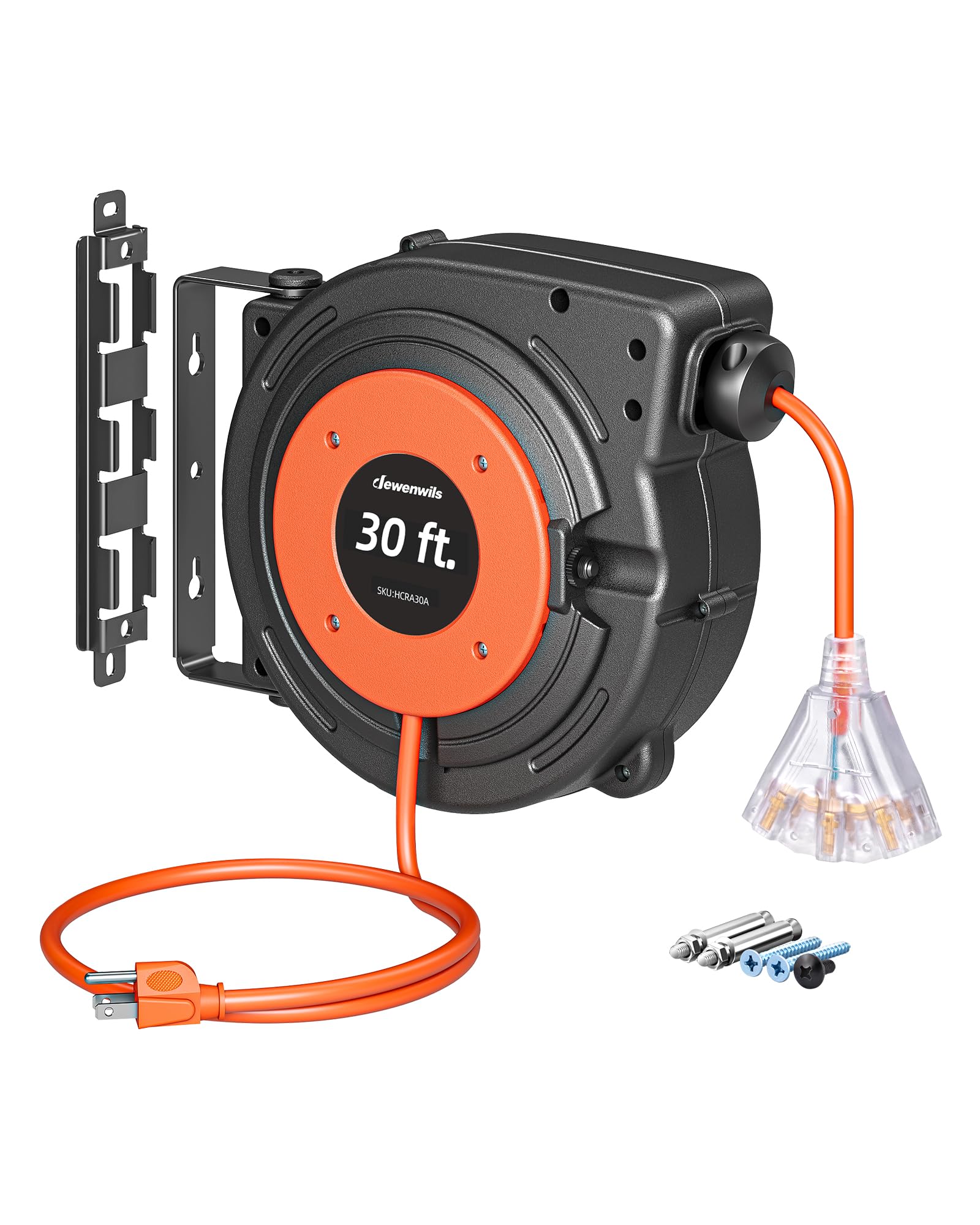 DEWENWILS 30FT Retractable Extension Cord Reel, 16/3C SJTW Heavy Duty Power Cord, Lighted Triple Outlets, 10A Circuit Breaker, L