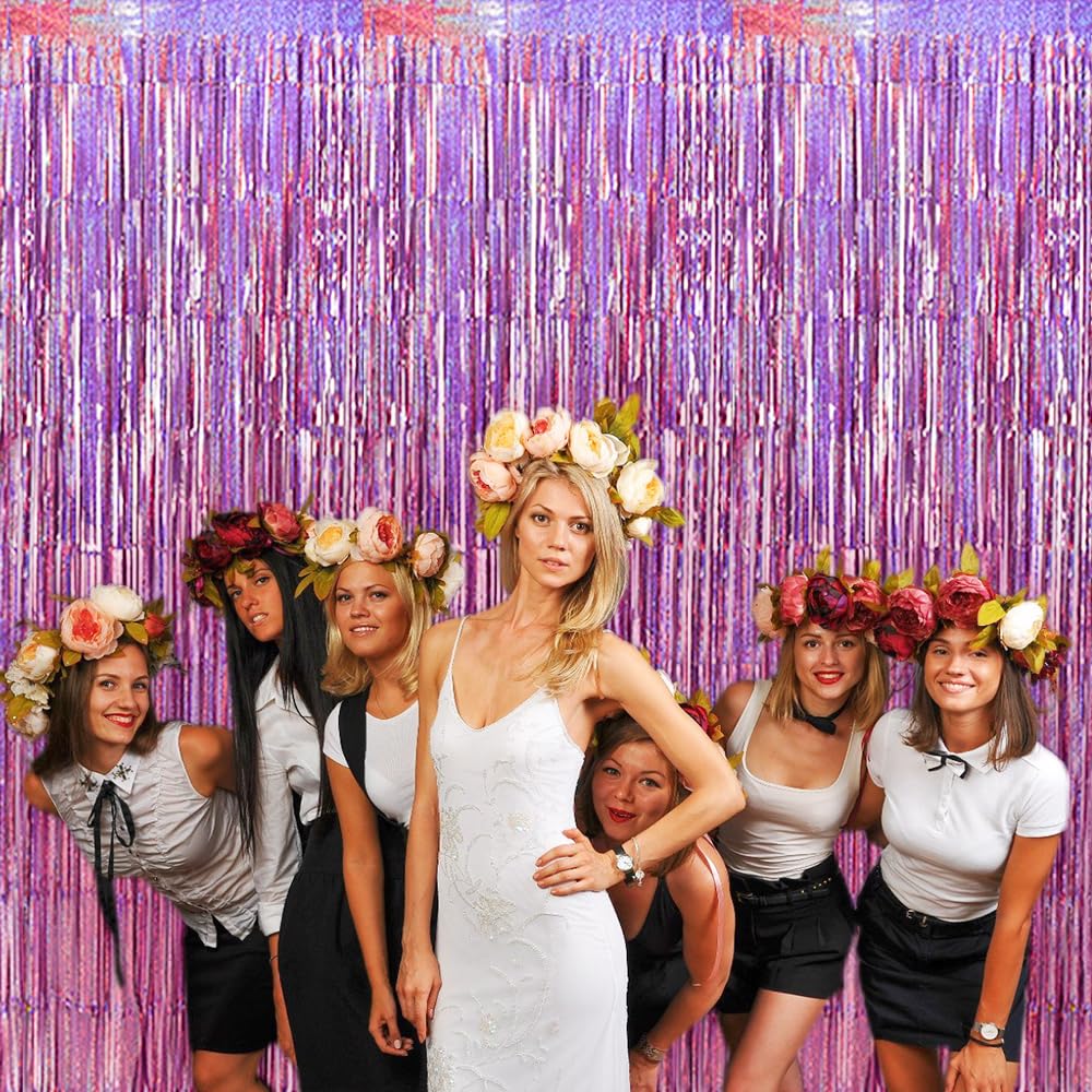 Toniful 3Pcs Laser Light Pink Door Streamers,Laser Pink Photo Booth Backdrop Metallic Streamers Pink Foil Fringe Curtains For Bi