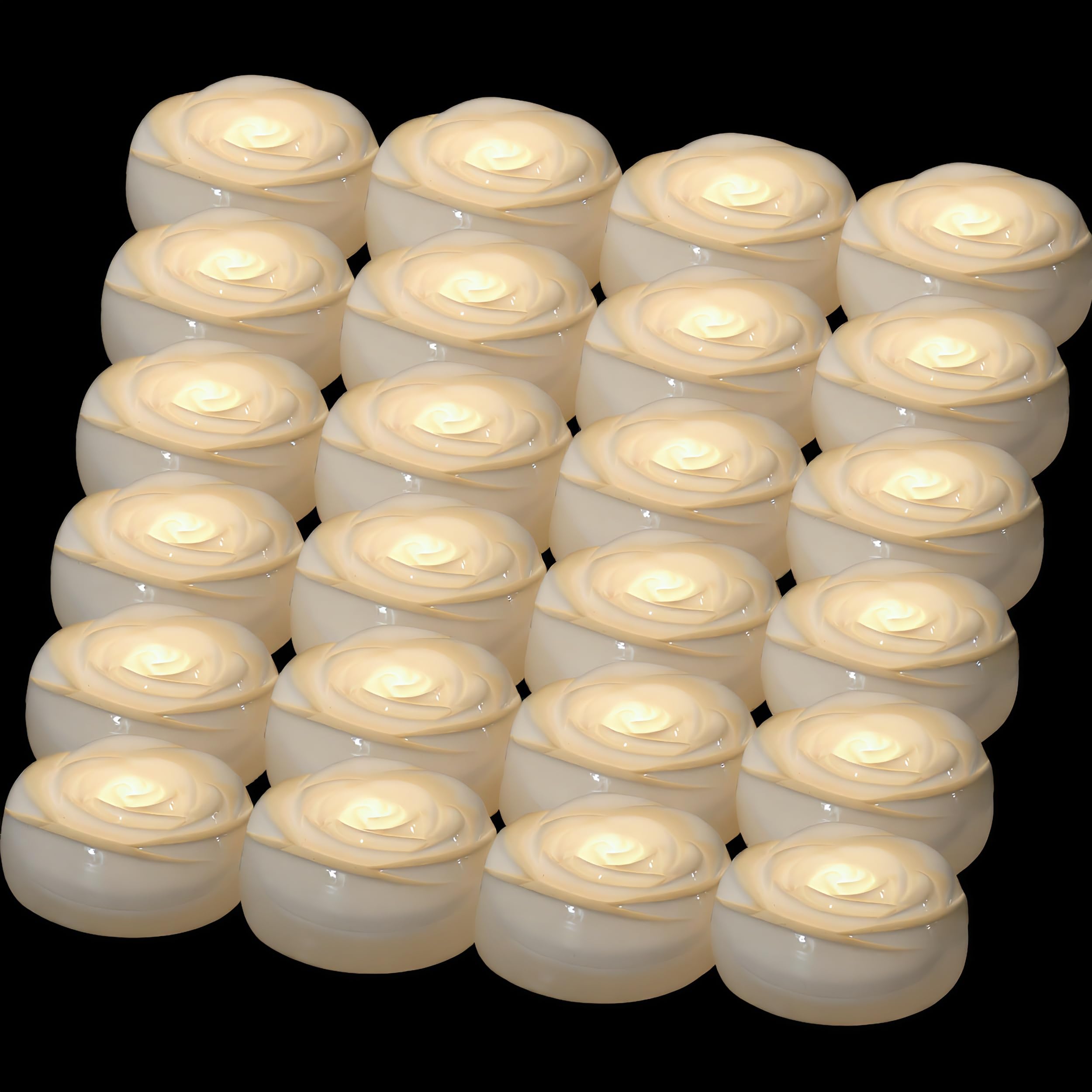 Aignis 24pcs Flameless LED Floating Candles, White Rose Plastic Tealight Battery Operated, 120+ Hours Glow Time, Cozy Light for 