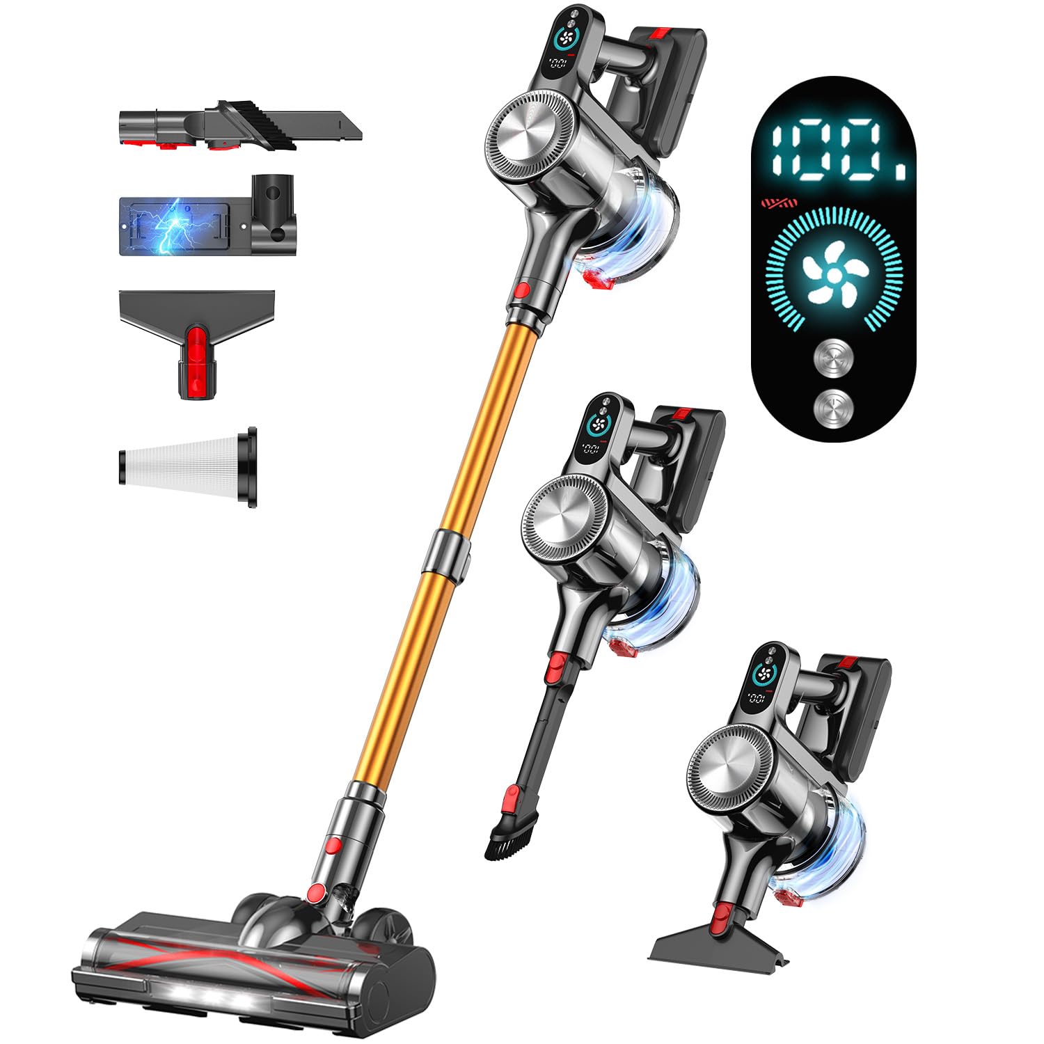Cordless Vacuum Cleaner, 45Mins Vacuum Cleaners for Home with LED Display, Stick Vacuum Cordless Rechargeable, Wall-mounted Char