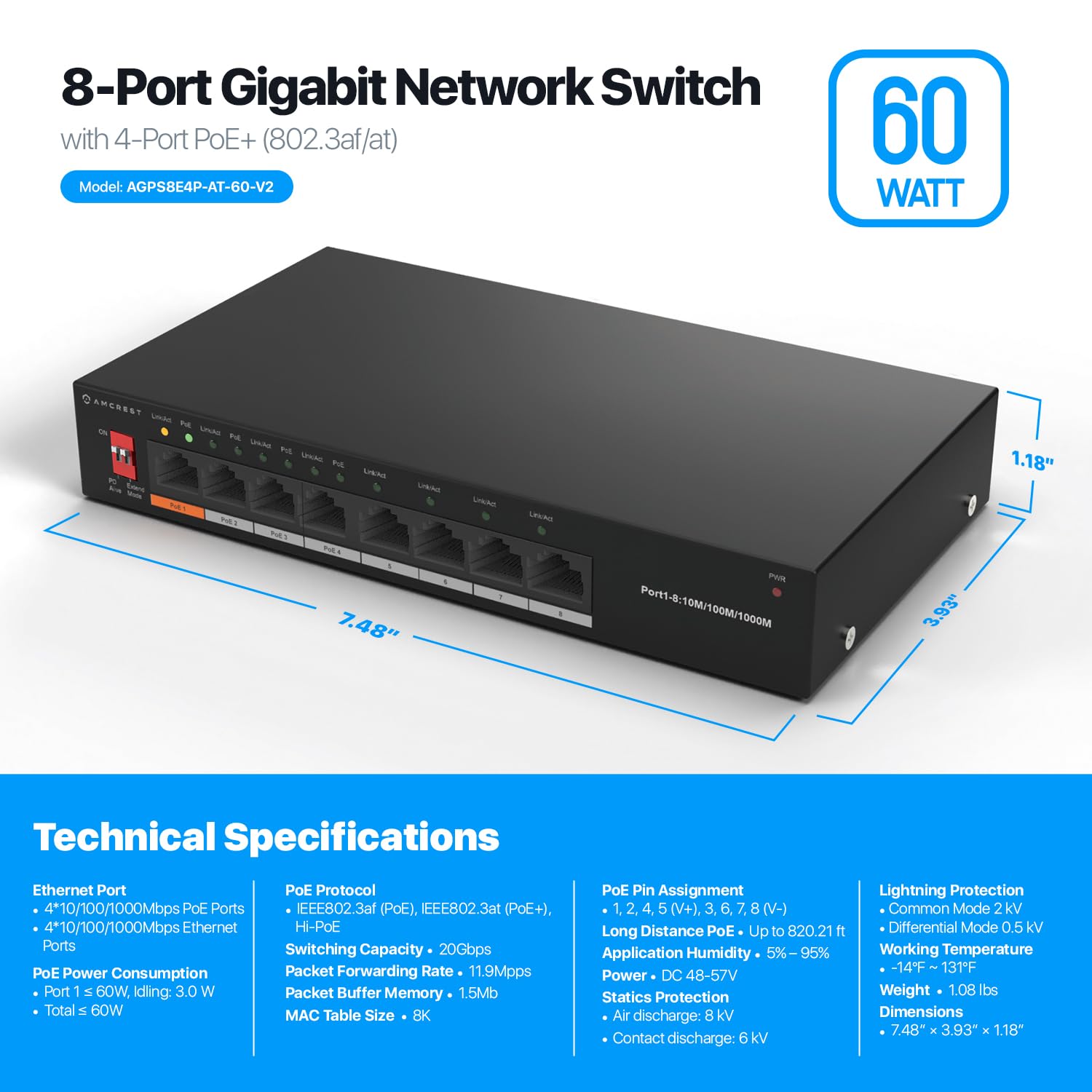 Amcrest 8 Port Switch With 4 Ports Poe+ 802.3Af/At 60W, Metal Housing, (Agps8E4P At 60 V2)
