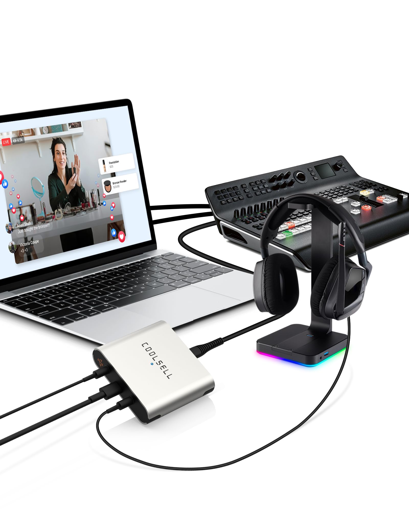 Coolsell Portable Audio Interface 24Bit/192Khz, Dual Gain Knob, Stereo Usb C And Iphone Interface For Live Streaming And Recordi