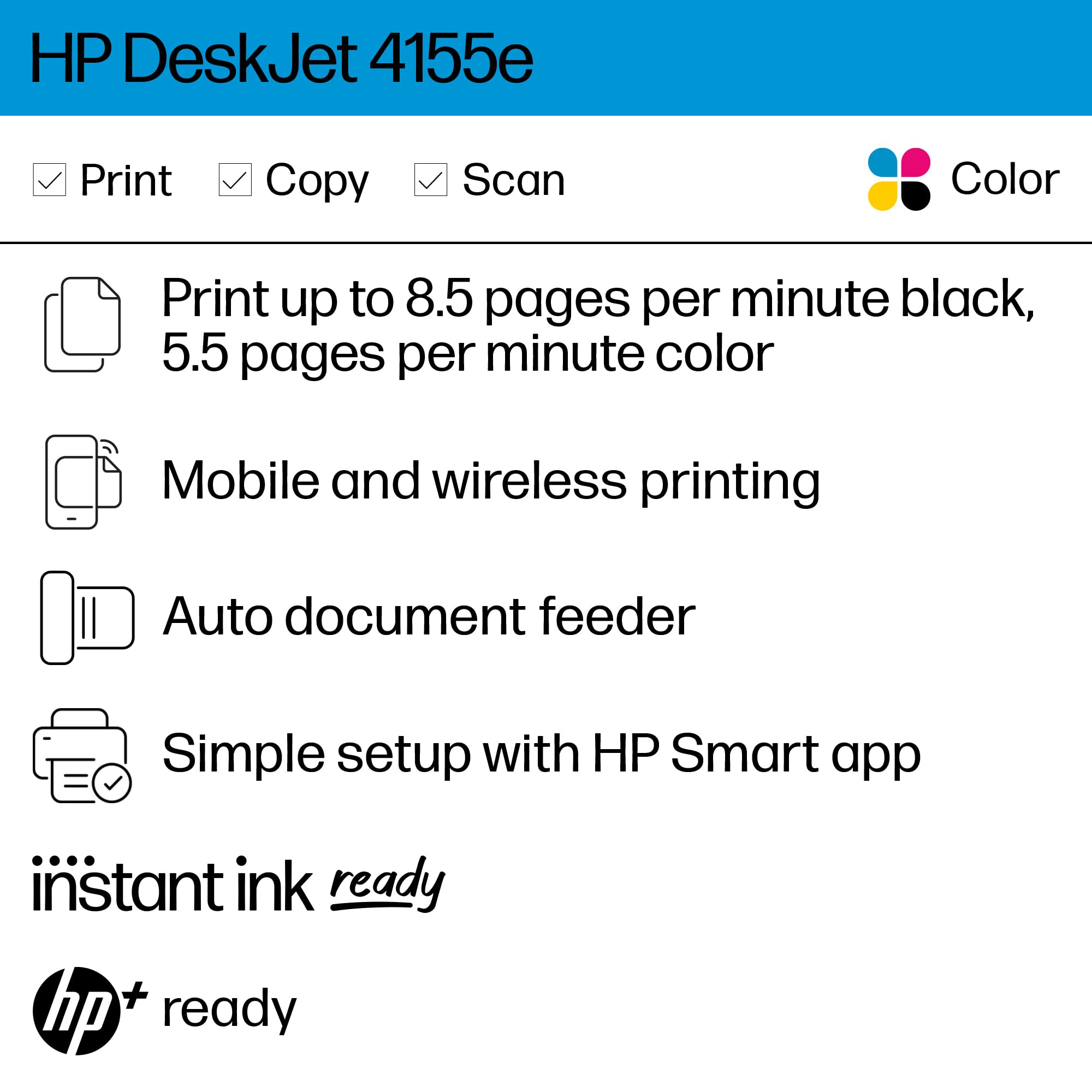 HP DeskJet 4155e Wireless Color Inkjet Printer, Print, scan, copy, Easy setup, Mobile printing, Best for home, 3 months of Instant Ink included,white
