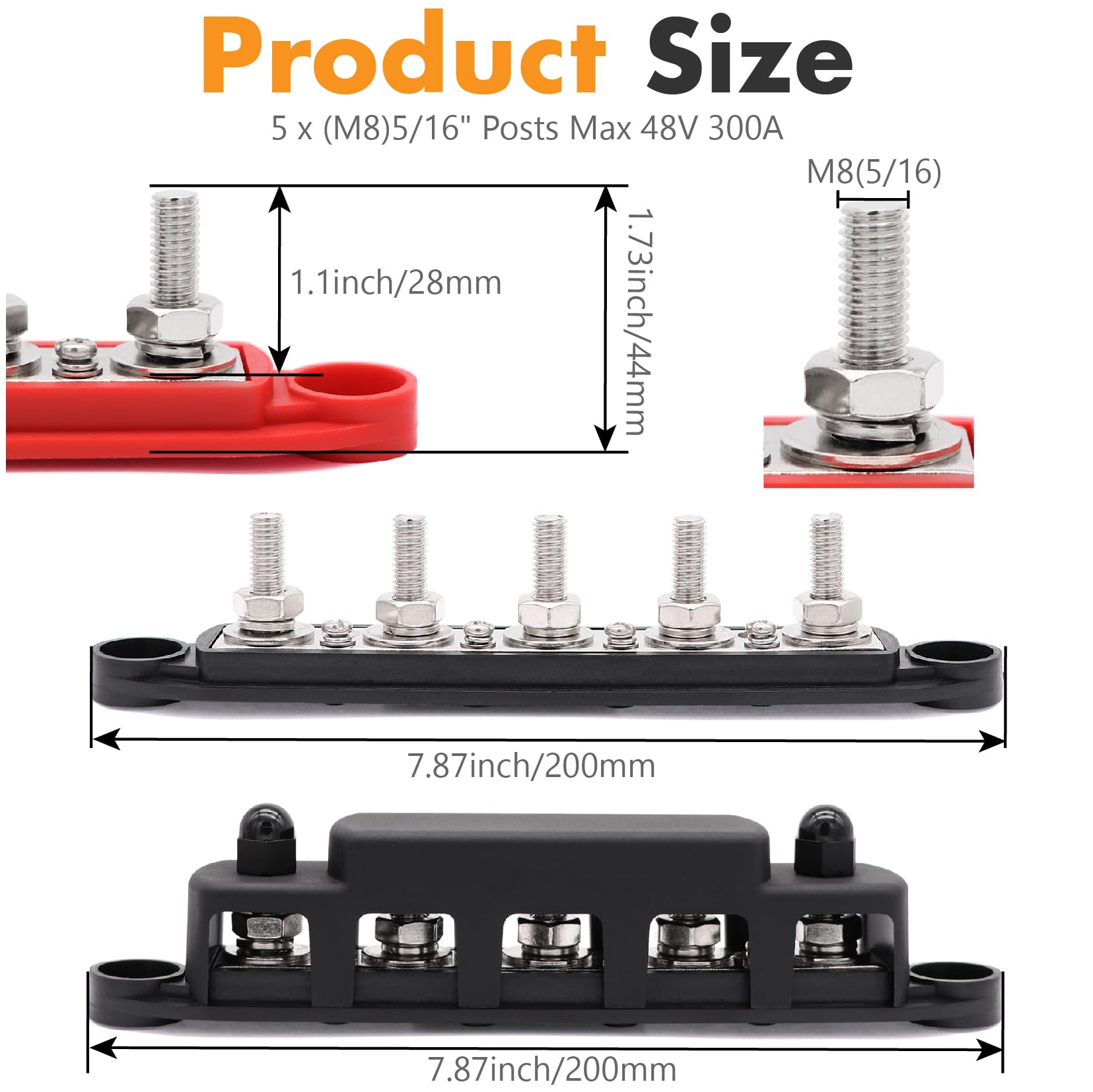 Taxutor 12V Bus Bar Power Distribution Block - 5 Post 300A with 5/16 Battery Terminal Stud & Cover, M8 Wire Lugs