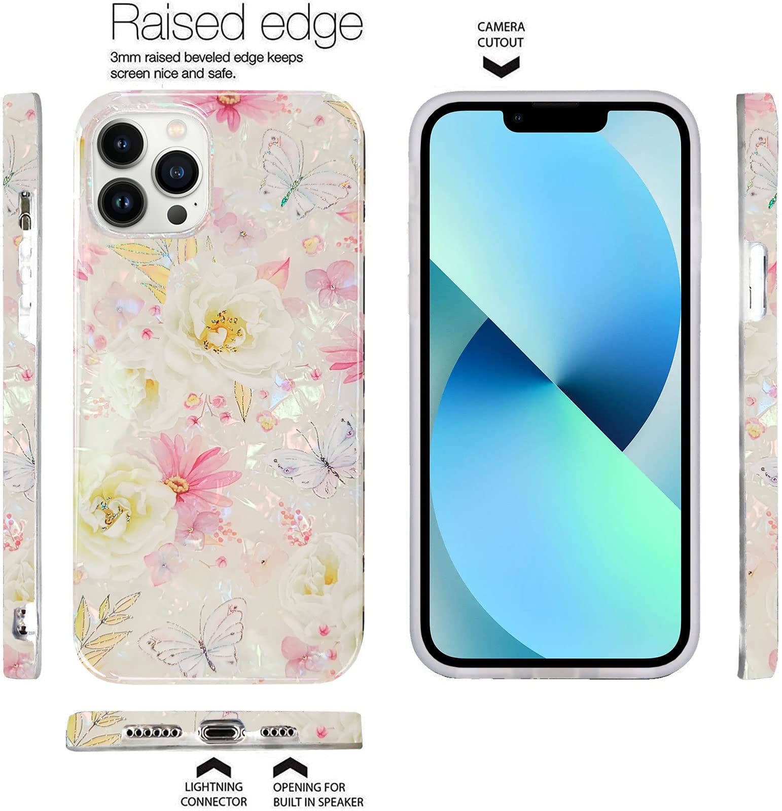 J.West Iphone Iphone 12 Pro Max Case 6.7 Inch,Luxury Sparkle Glitter Soft Clear Colorful Opal Pearly Thinfoil Design Shiny Flora