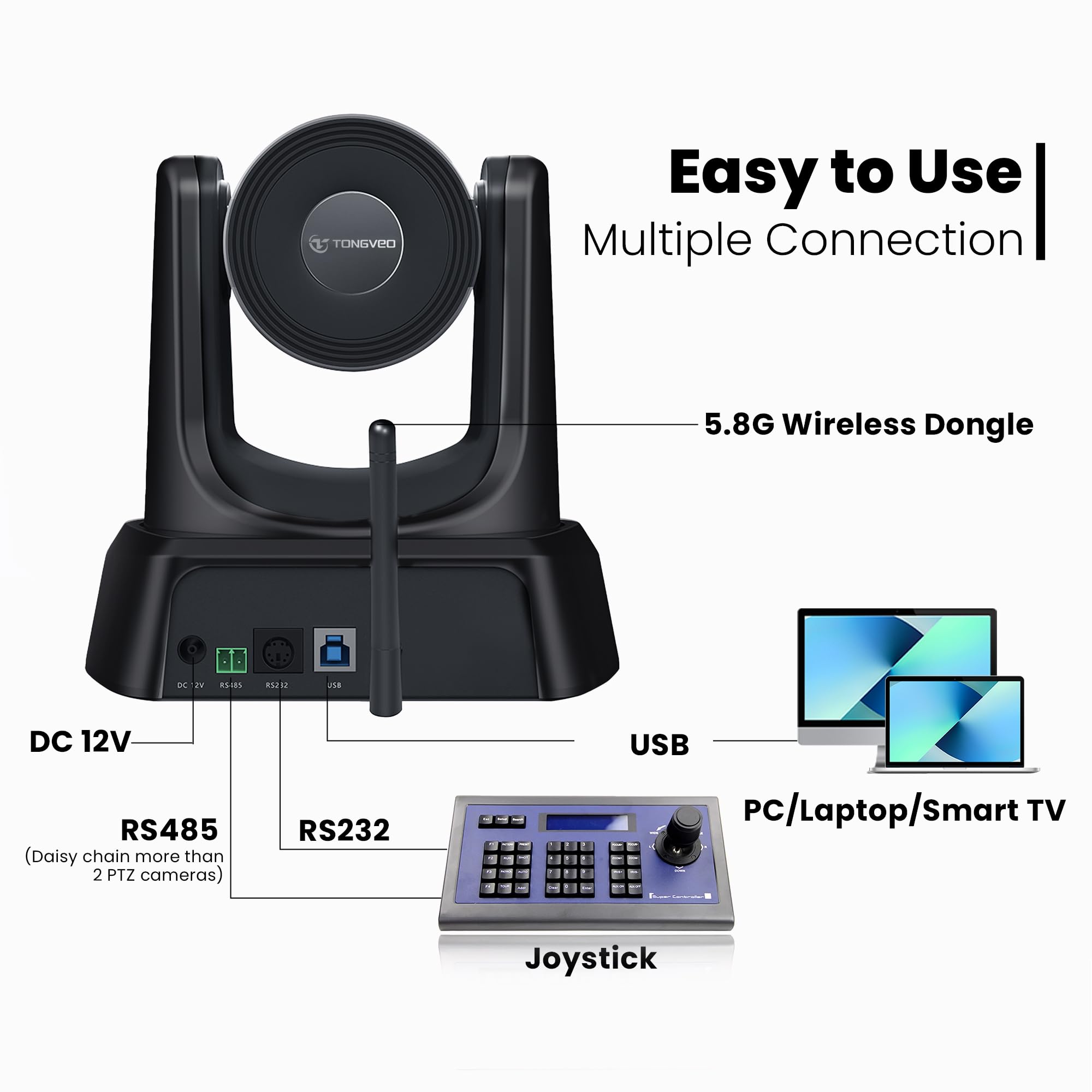 Tongveo 5.8Ghz Wireless Conference Room Camera System | 3X 60Fps Ptz Camera With Bluetooth Microphone, 50Ft Range, Compatible Wi