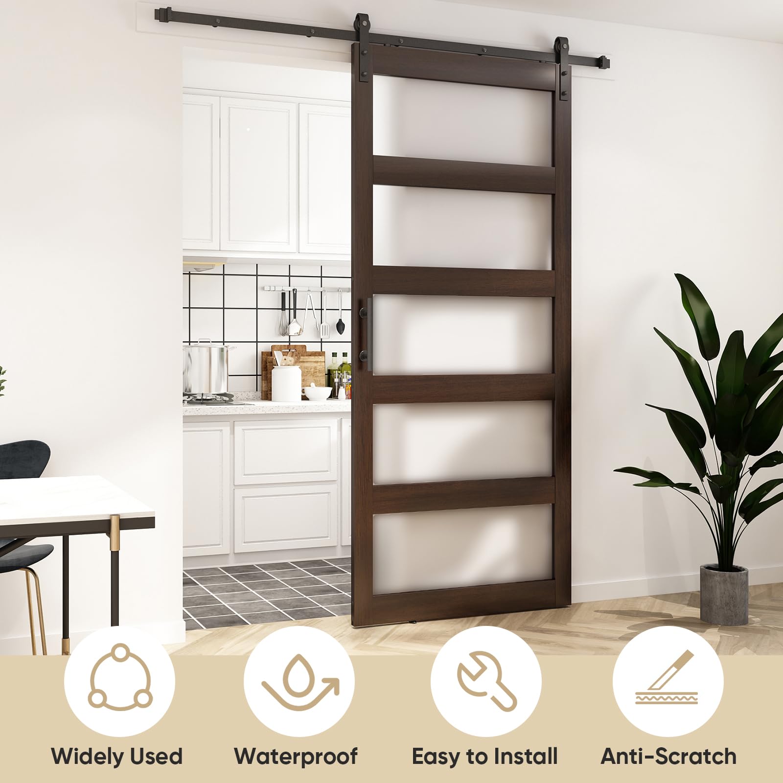 Barnsmith 42In X 96In Glass Barn Door And 7Ft Sliding Door Hardware Included, 5 Panel Frosted Glass Sliding Barn Door, Solid Woo