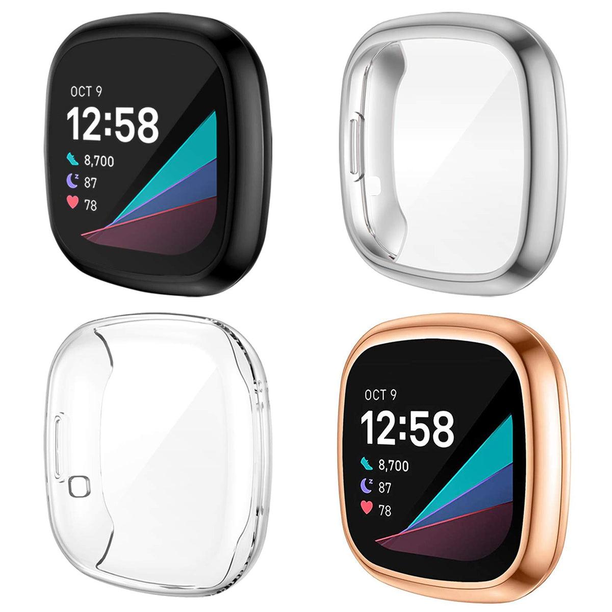 Nanw 4 Pack Screen Protector Case Compatible With Fitbit Sense And Versa 3, Soft Tpu Plated Bumper Full Cover Protective Cases F