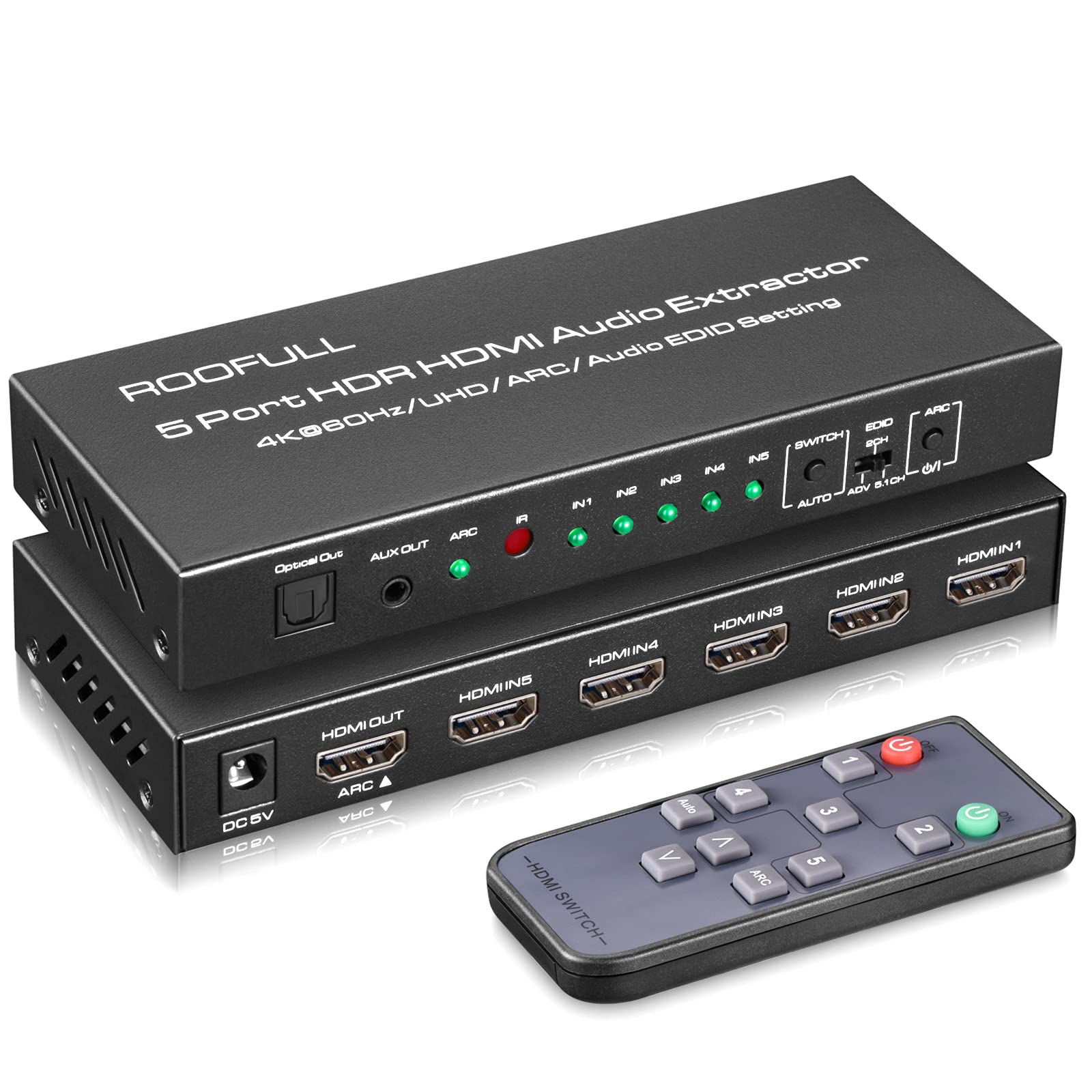Roofull 5 Port 4K@60Hz Hdmi Switch With Optical & 3.5Mm Aux Audio Out, 5 In 1 Out Hdmi 2.0 Switch Audio Extractor With Remote, S