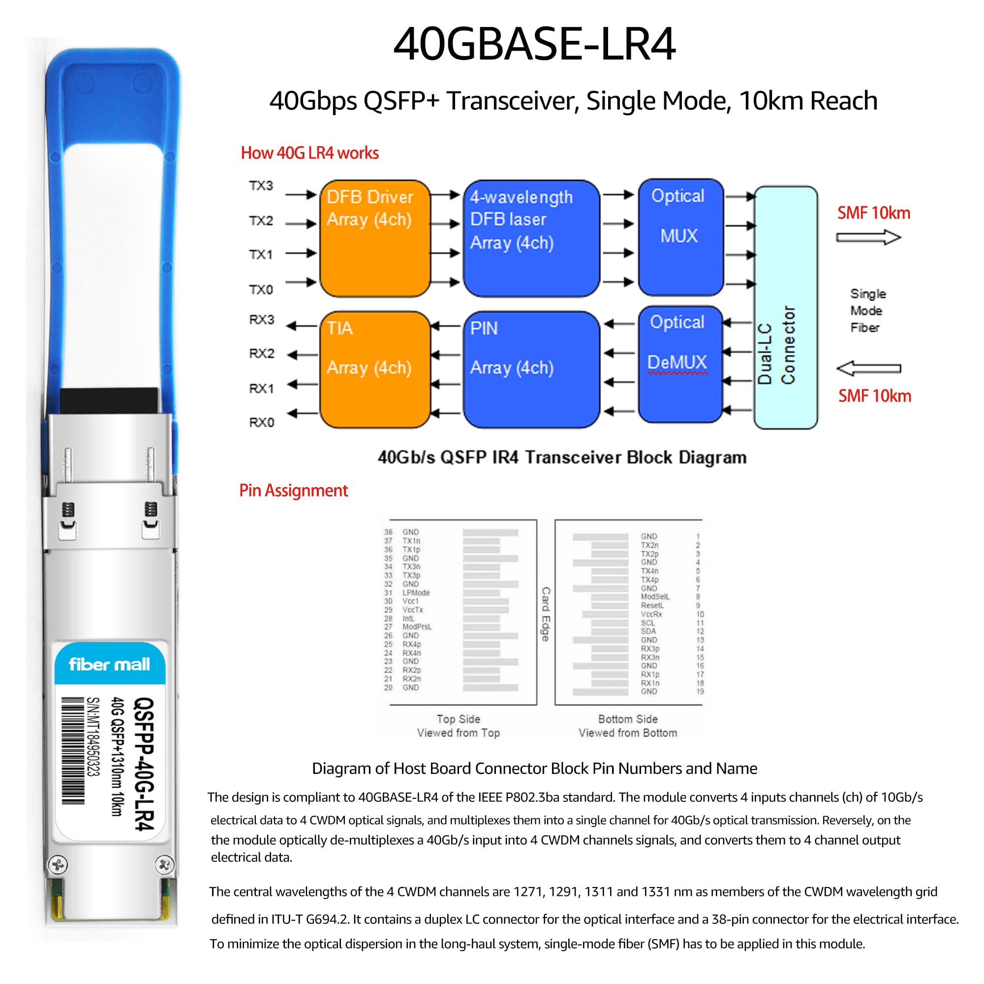 40G Qsfp+Lr4 For Cisco Qsfp 40G Lr4,Qsfp 40Ge Lr4, Meraki Ma Qsfp 40G Lr4,40Gbase Lr4 Qsfp+ 1310Nm (Cwdm4) 10Km Lc Dom Optical T