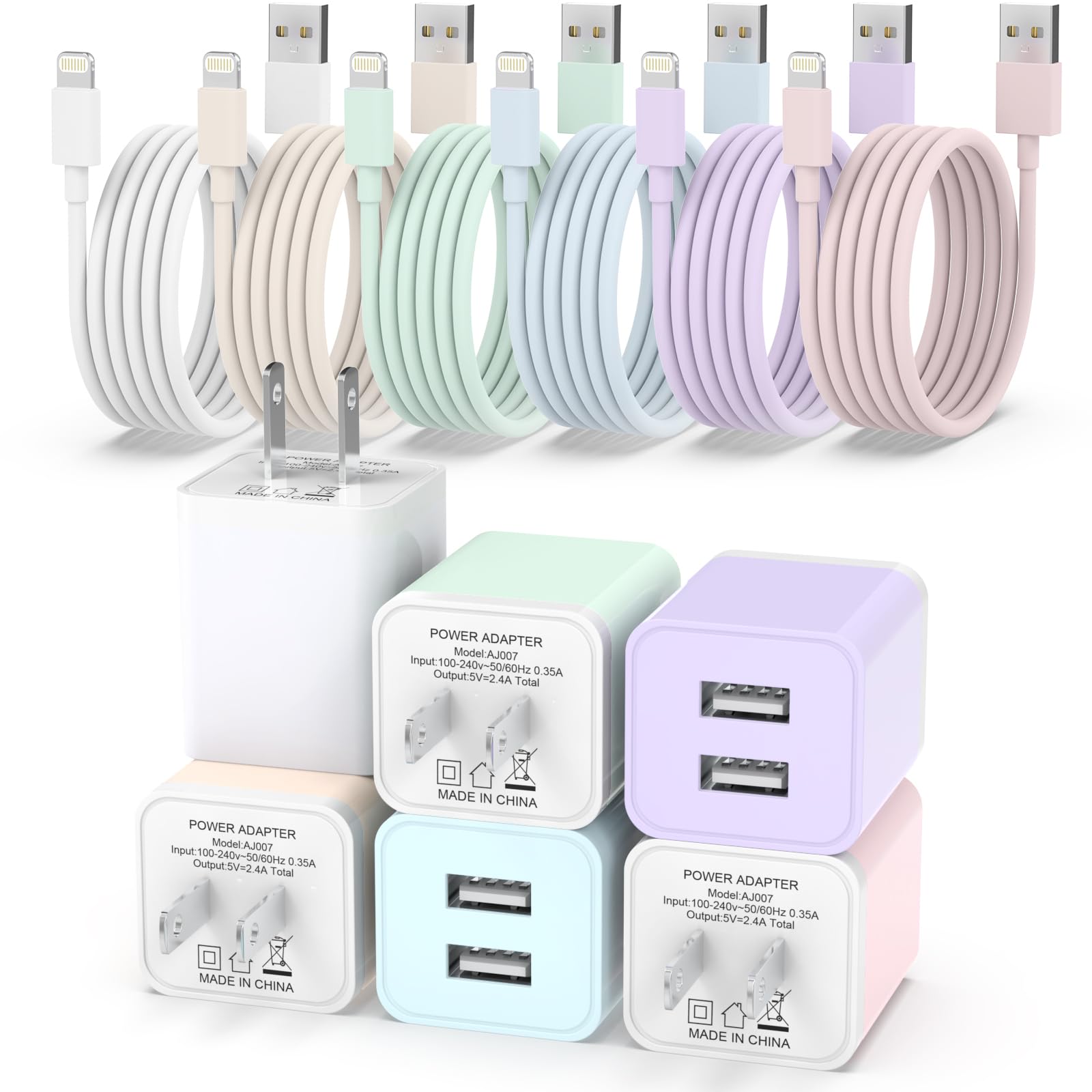 Igenjun 6Pack Iphone Charger Fast Charging [Mfi Certified], Dual Port Usb Wall Charger Block Adapter With 6Ft Lightning Cable Data Sync Cords For Iphone 14 13 12 11 Pro Max Xr Xs Plus Multicolor