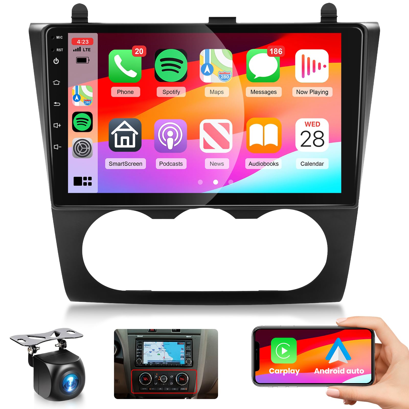 For Nissan Altima 2008 2012 Car Stereo Radio With Wireless Car Play Android Auto Mirrorlink, 9 Inch Hd Ips Touch Screen Gps Navigation Head Unit Support Bluetooth Wifi Backup Camera Mic(Manual A/C)