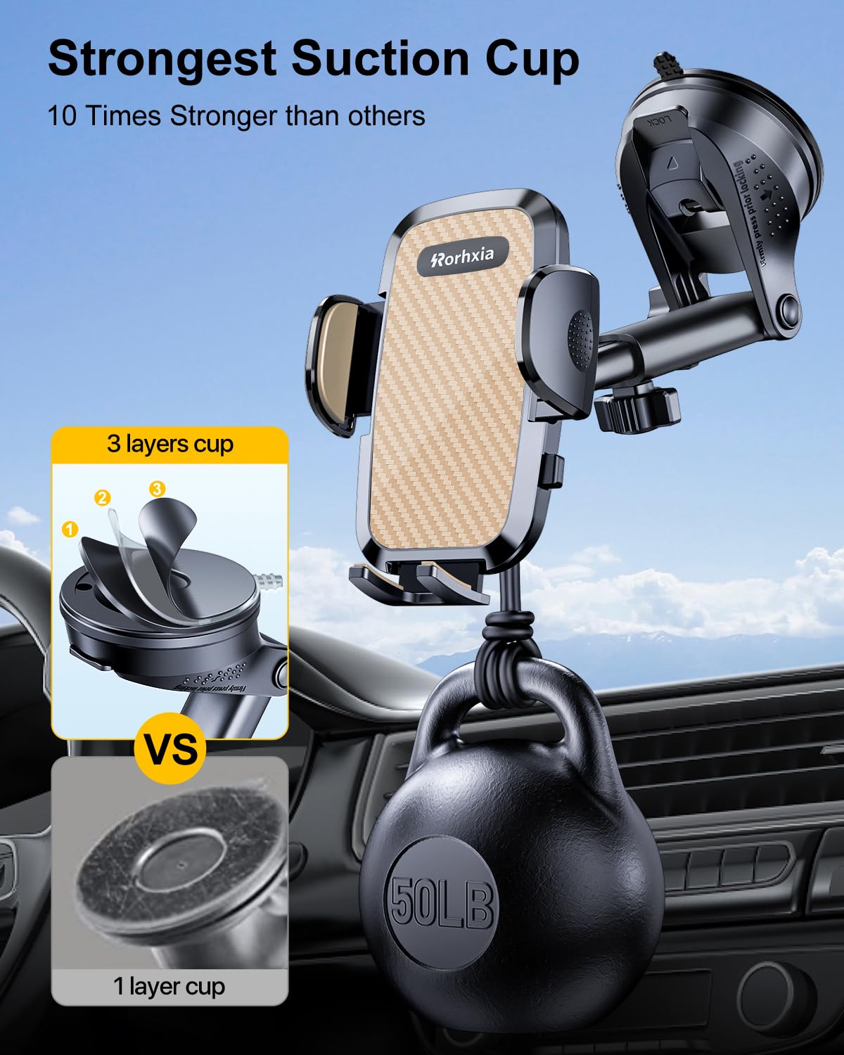 Rorhxia 3-In-1 Phone Mount For Car [Most Stable And Flexible Suction Cup] Vent Dashboard Windshield Cell Phone Holder Car Fit Fo