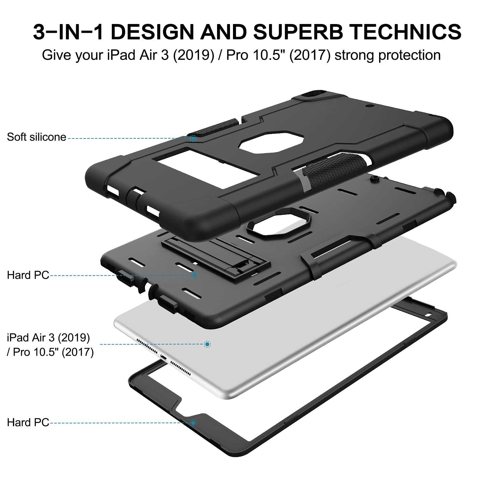 Bentoben For Ipad Air 3 2019 Case, Ipad Pro 10.5'' 2017 Case, 3 Layers Heavy Duty Rugged Shockproof Kickstand Sturdy Protective