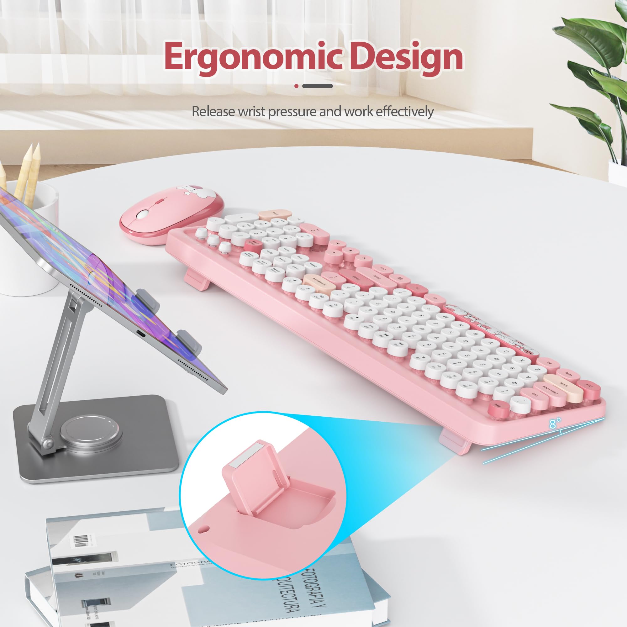 Fogruaden Wireless Keyboard And Mouse Combo, Pink Retro Typewriter Keyboard, 2.4Ghz Full Size Round Keycap Cute Computer Keyboar