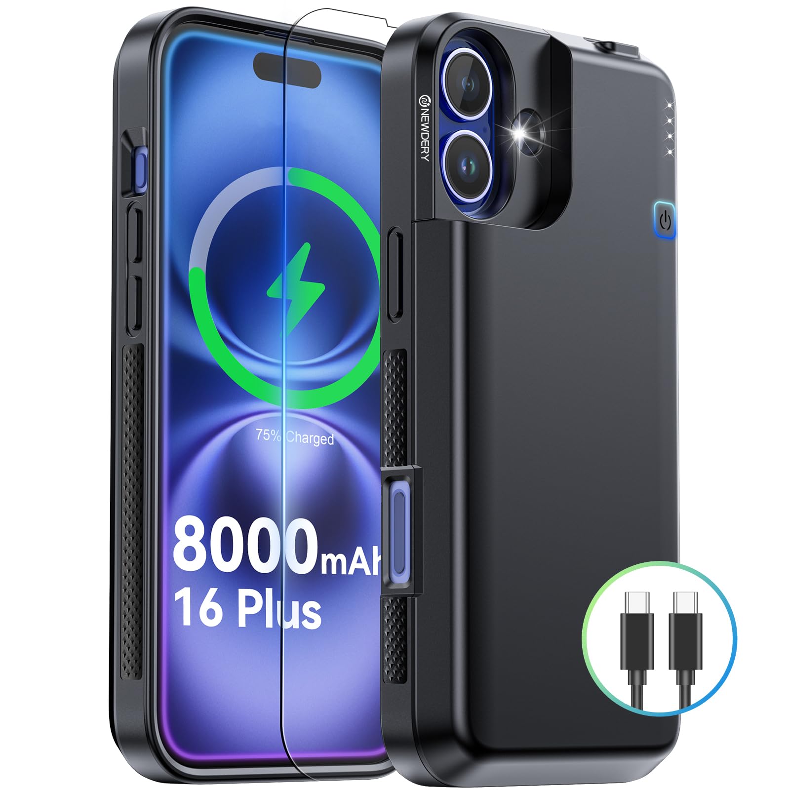 NEWDERY Upgraded Battery Case for iPhone 16 Plus, 8000mAh USB C Portable Power Bank, CarPlay, Sync-Data Supported, Rechargeable 