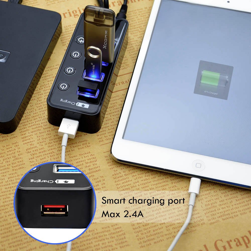 Usb Hub 3.0 Powered, Lyfnlove Usb Extender 4 Port Data Usb Hub With Power Adapter And 1 Smart Charging Port, Usb Splitter With On/Off Switches For Macbook, Mac Pro/Mini, Imac, Surface Pro Laptop/Pc