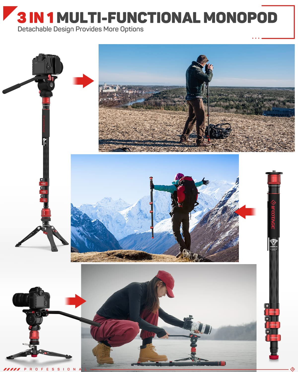 Ifootage Cobra 3 Carbon Fiber Monopod With Pedal, 71'' Professional Monopod For Cameras, Portable Travel Monopod With Feet, Max