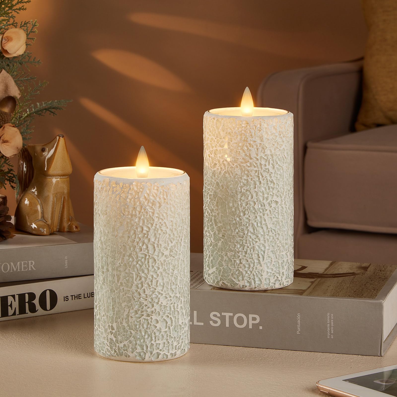 Cozierglow Mosaic Flameless Pillar Candles Flickering With Remote Timer, Battery Candles Up To 400 Hours, 3D Moving Flame Real W
