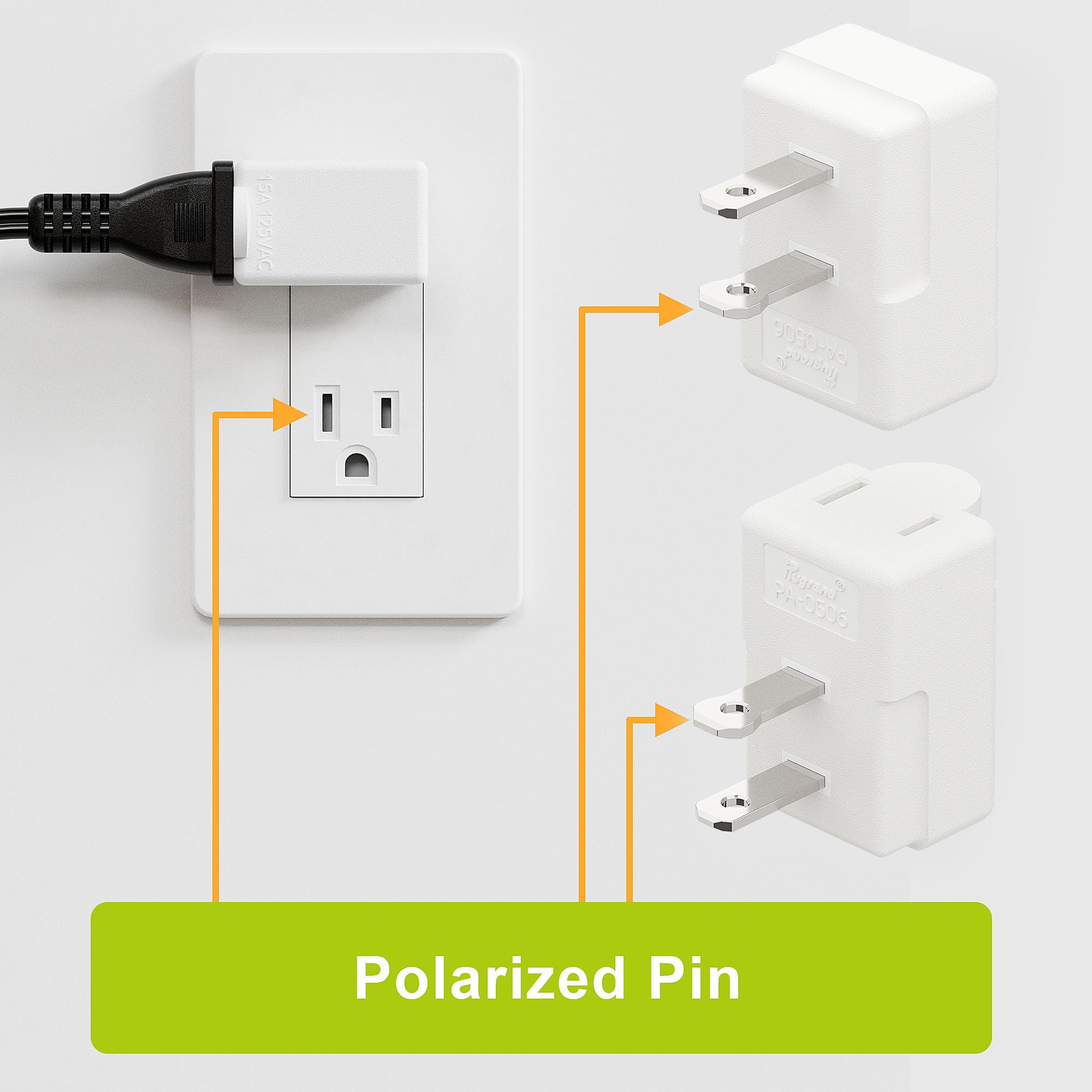 90 Degree 2 Pin Adapter, Plugrand Nema 1 15P To 1 15R Left Angled Adapter, 2 Prong Angled Adapter, Nema 1 15P Power Adapter, Pa