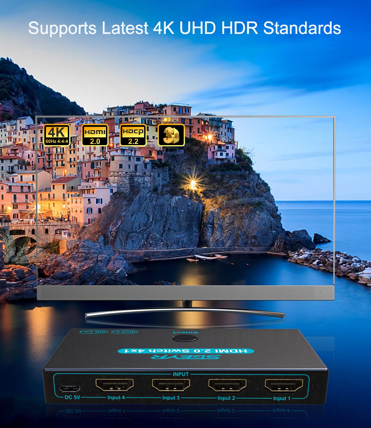 Sgeyr Hdmi 2.0 Switch 4 Port, Hdmi Switch Splitter 4 In 1 Out, Metal Hdmi Switcher 4K With Ir Remote, Support Hdcp 2.2 Support 4K@60Hz Ultra Hd 3D 2160P 1080P, Compatible For Ps3/Ps4,Xbox