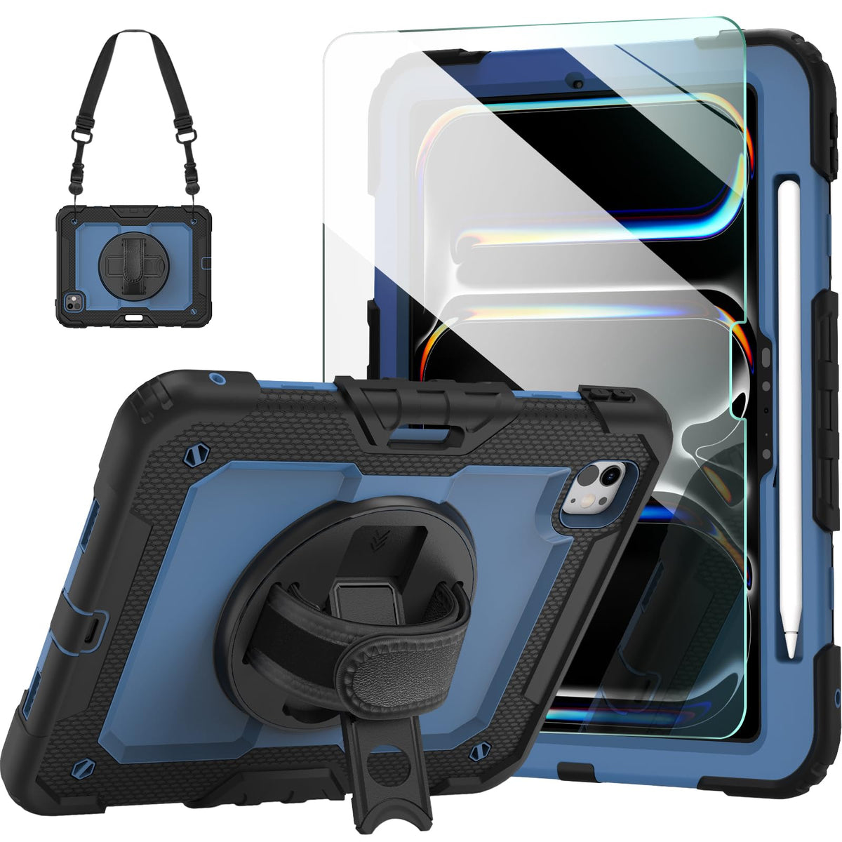 Ambison For Ipad Pro 11 Inch Case 2024(M4, 5Th Generation),With 9H Tempered Glass Screen Protector,Full-Body Heavy Duty Shockproof Protective Cover With 360° Rotate Strap Stand,Pencil Holder-Blue