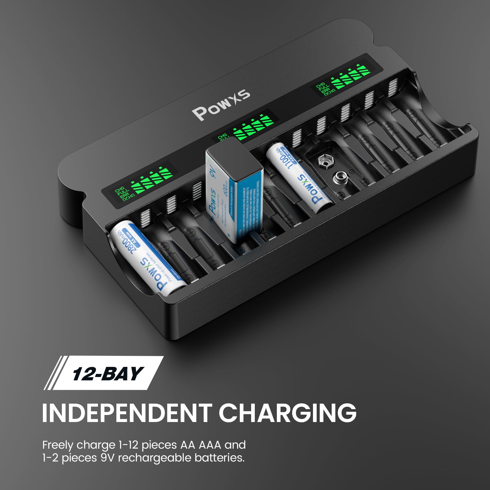 Powxs Rechargeable Aa Aaa 9V Battery Charger With 1800Ma High Speed, 12 Bay Independent Battery Charger For 1.2V Ni Mh Ni Cd Aa