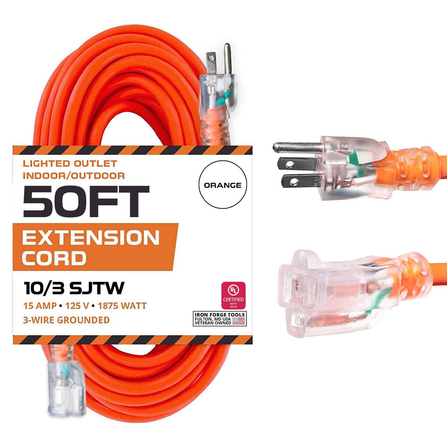 Iron Forge Cable 50 Foot Lighted Outdoor Extension Cord   10/3 Sjtw Orange 10 Gauge Extension Cable With 3 Prong Grounded Plug F