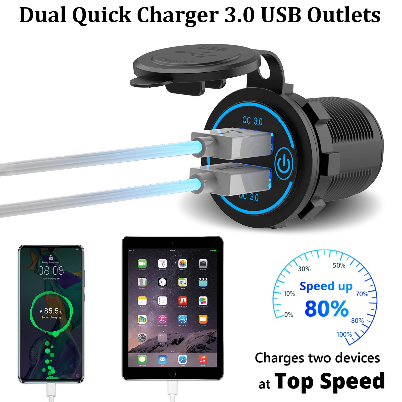 Qidoe 36W Dual Qc3.0 Usb Power Charger Socket, Waterproof 12V Usb Outlet With Touch Switch Car Usb Port For Rv Motorcycle Boat M