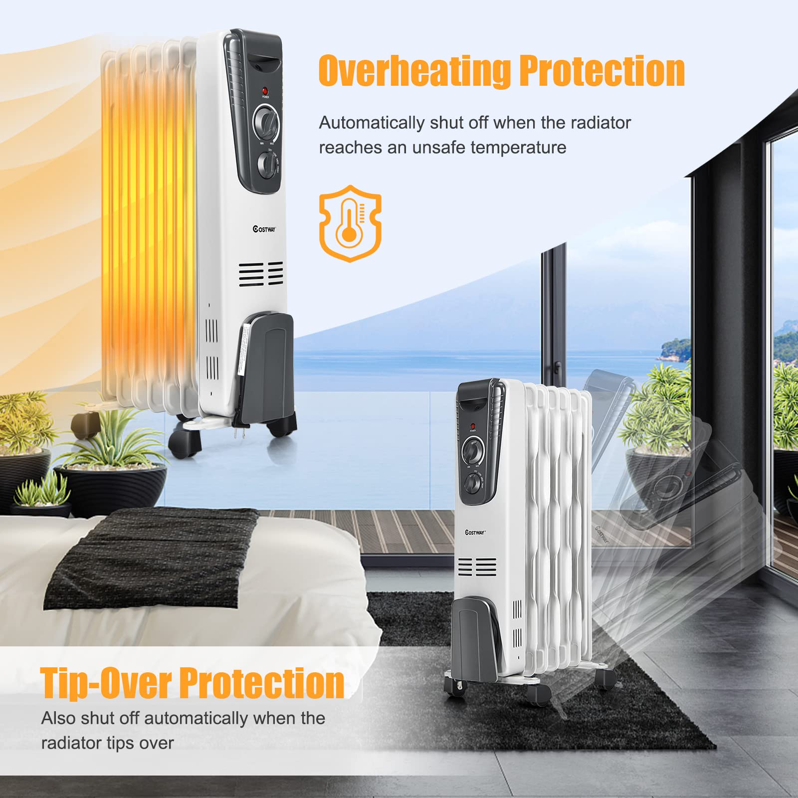 Costway Oil Filled Radiator Heater, 1500W Portable Space Heater With Adjustable Thermostat, 3 Heat Settings, Overheat And Tip Ov