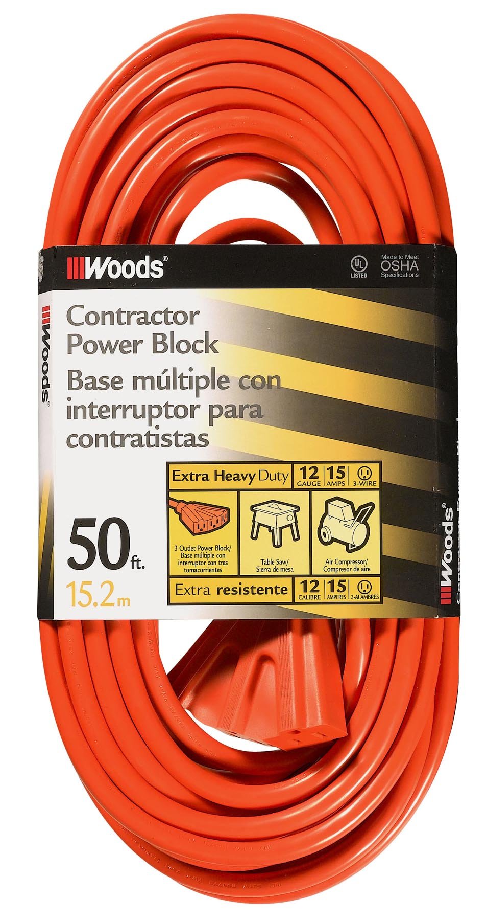 Woods 0819 12/3 Outdoor MultiOutlet Extension Cord, 50Foot, Orange