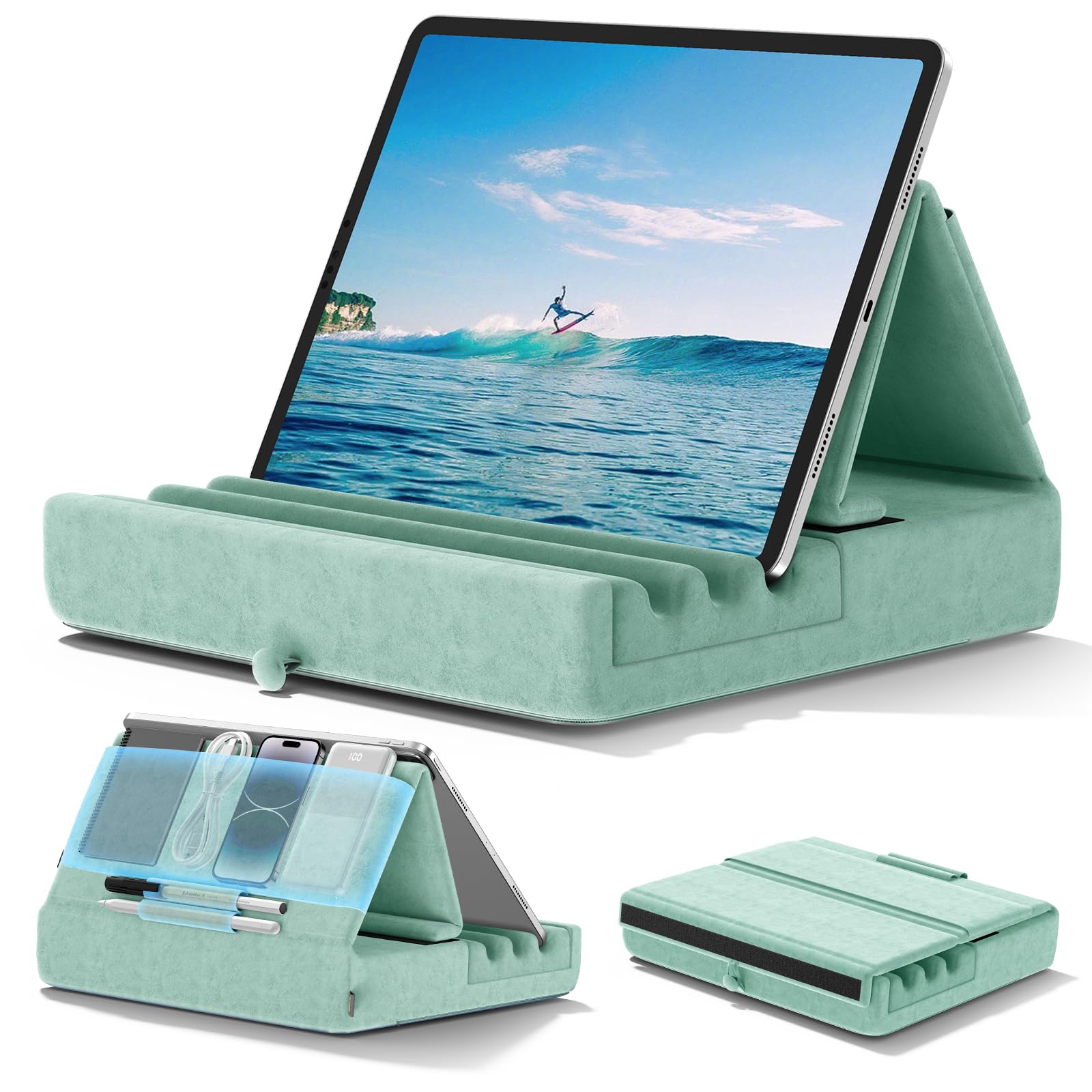 Kdd Tablet Pillow Holder, Foldable Ipad Stand For Lap, Bed And Desk  Tablet Soft Pad Dock With Pocket & Stylus Mount Compatible With Ipad Pro 12.9, 10.5, 9.7 Air Mini 6 5 4 3, E Reader