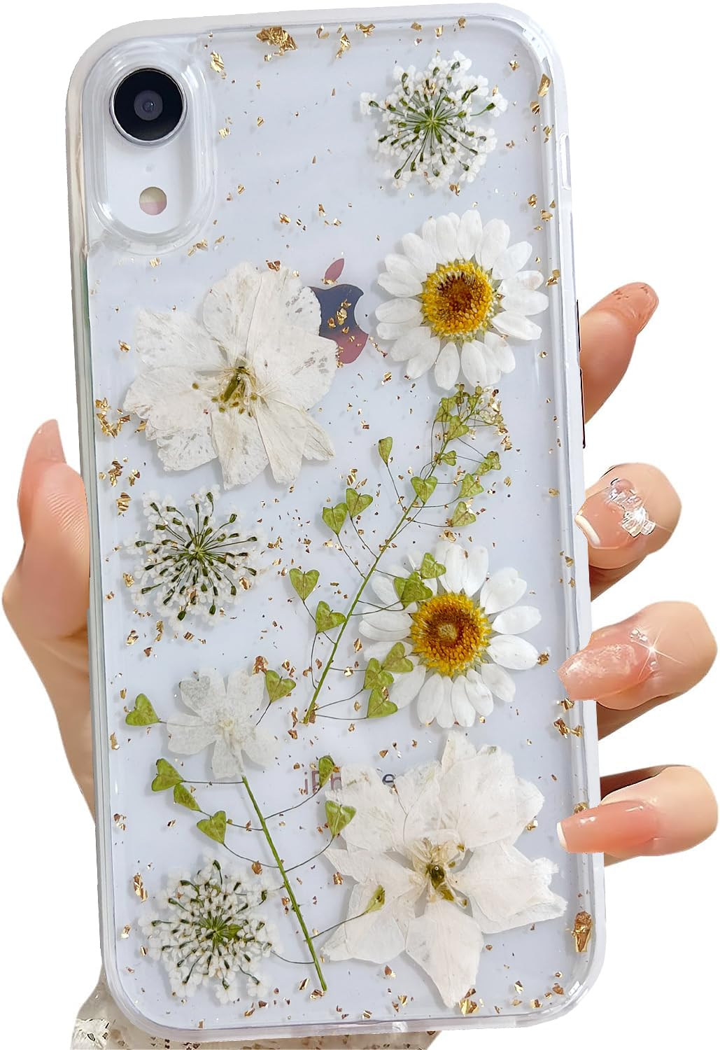 Lseeka For Iphone Xr Clear Case With Pressed Real Flowers Design,Glitter Cute White Floral Pattern Slim Soft Tpu Protective Wome