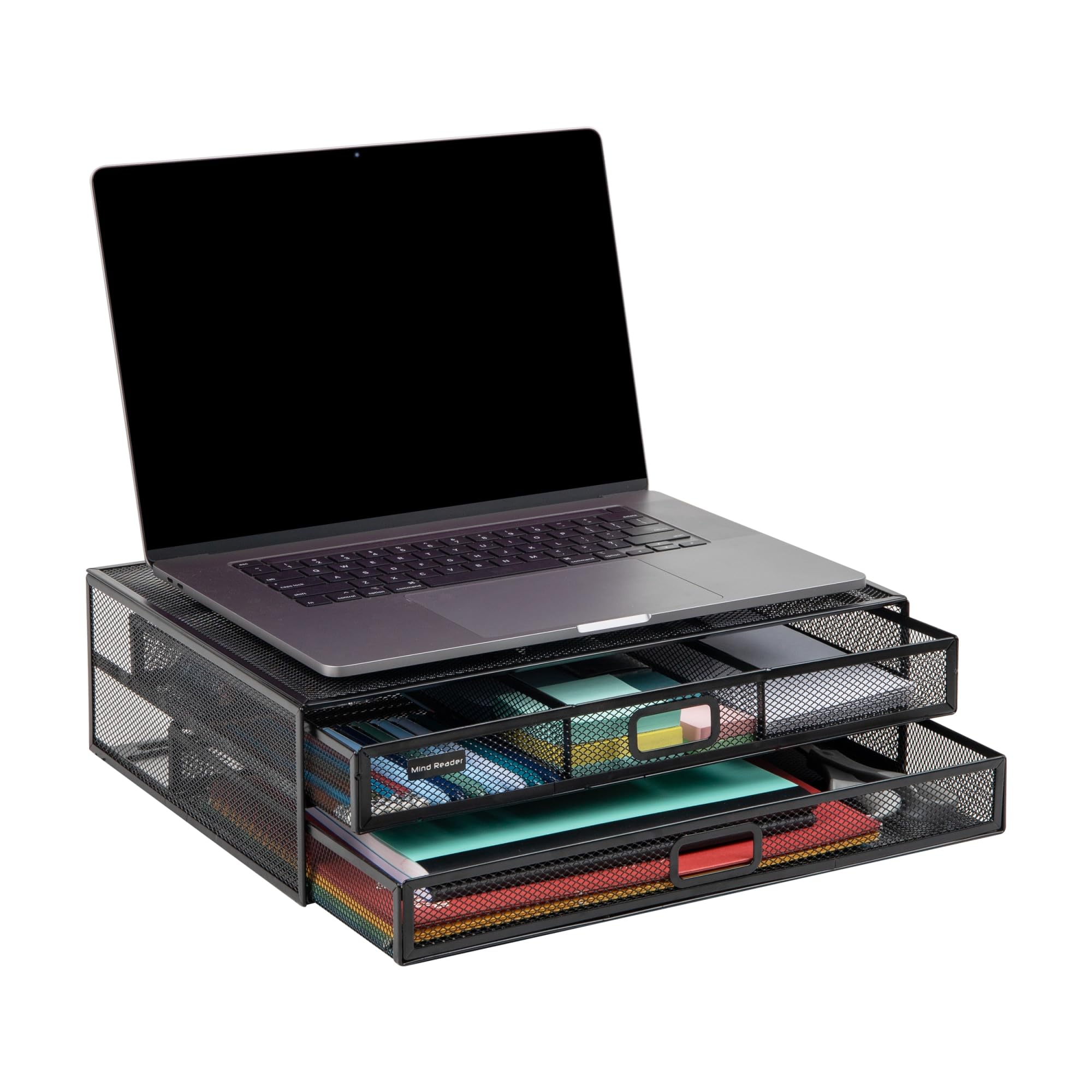 Mind Reader Monitor Stand, Ventilated Laptop Riser, Storage Drawer, Office, Metal Mesh, 15.75'L x 11.75'W x 4.5'H, Black
