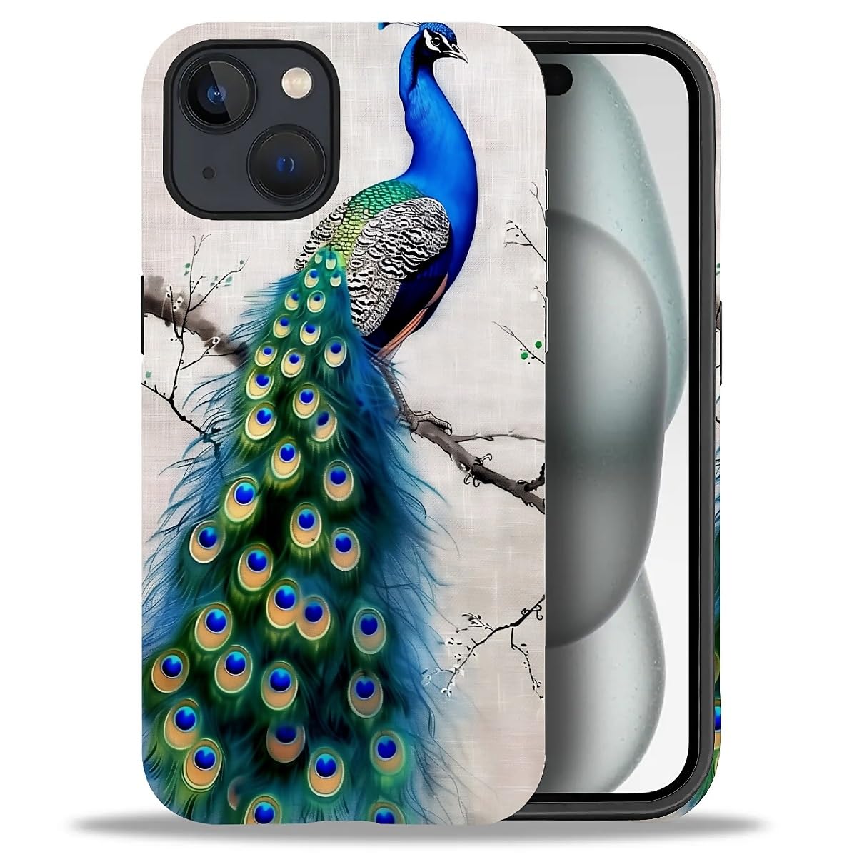 WANKBLC Compatible with iPhone 15 Matte Case, Cute Peacock Tree Art Pattern for Girl Full Body Design Soft Silicone Drop Shock S