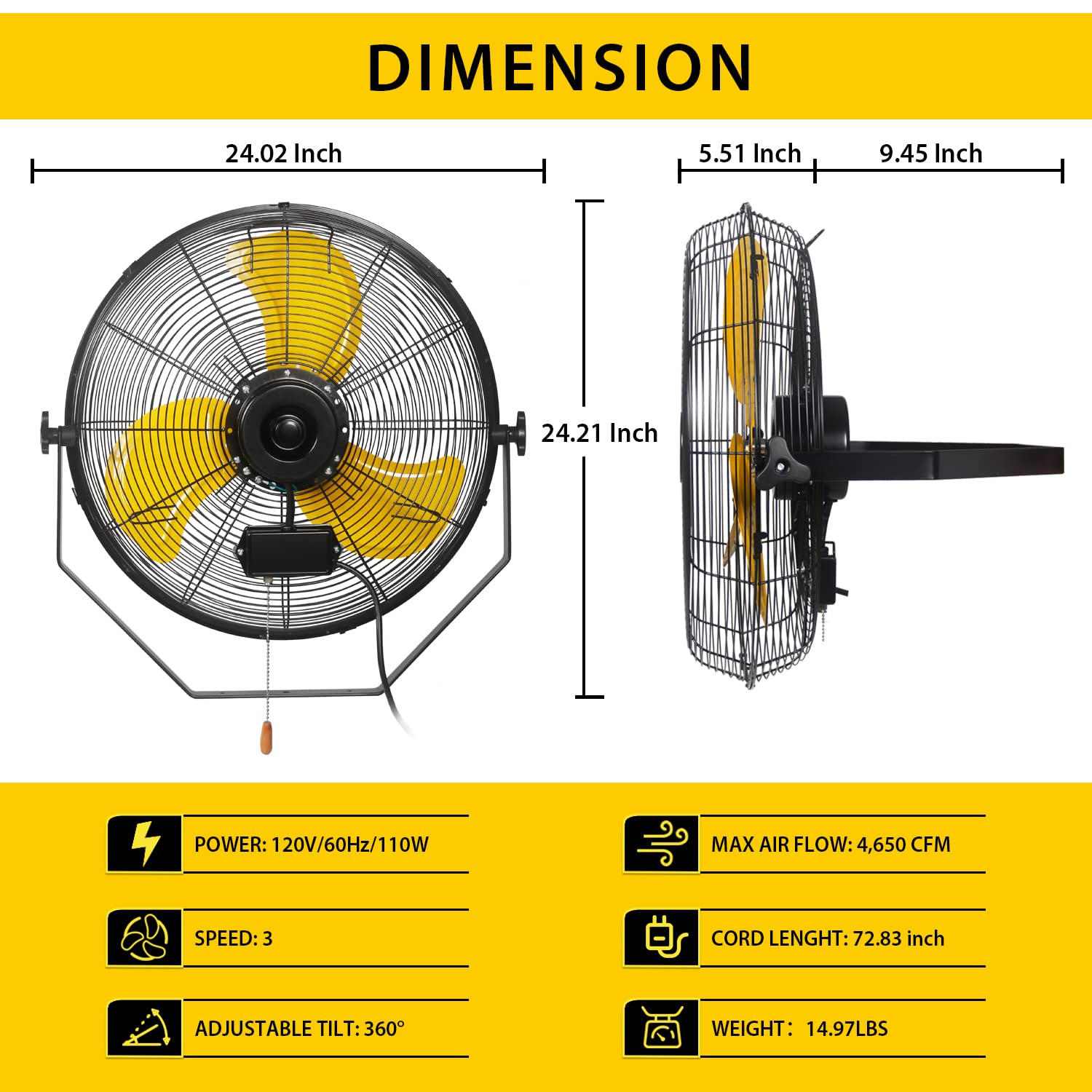 Ventisol 20 Inch High Velocity Metal Wall Fan 4650Cfm Wall Mounted Fan Heavy Duty Tilting Wall Fan Full Sealed Motor 3 Speeds Pa
