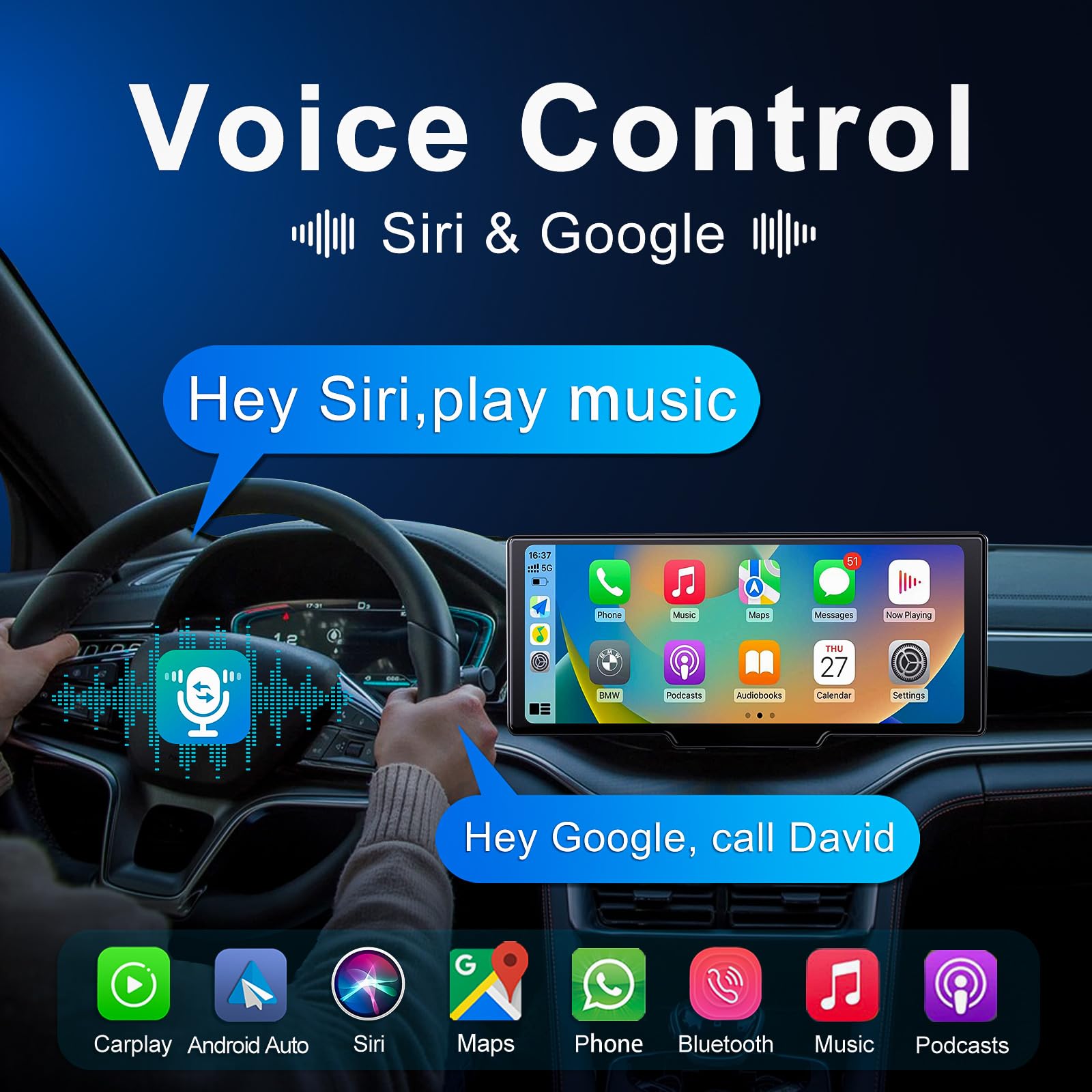 Luzeterna Portable 9.3 Inch Wireless Apple Carplay Screen For Car With Auto Brightness, 4K Dash Cam & Backup Camera, Bluetooth C