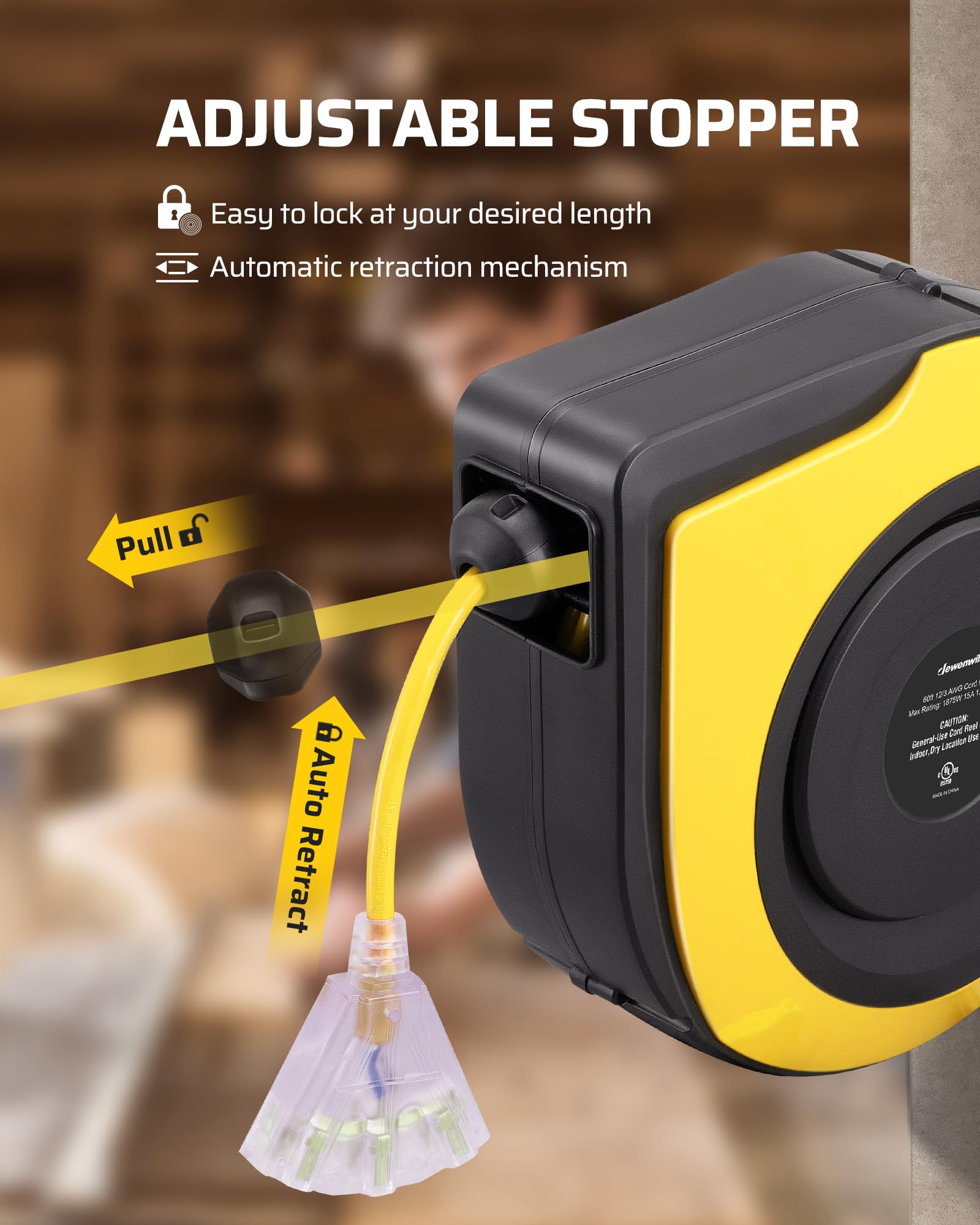 Dewenwils Retractable Cord Reel, 60Ft Heavy Duty Extension Cord, 12Awg/3C Sjtow, 3 Grounded Outlets Lighted Triple Tap, 15A Circ