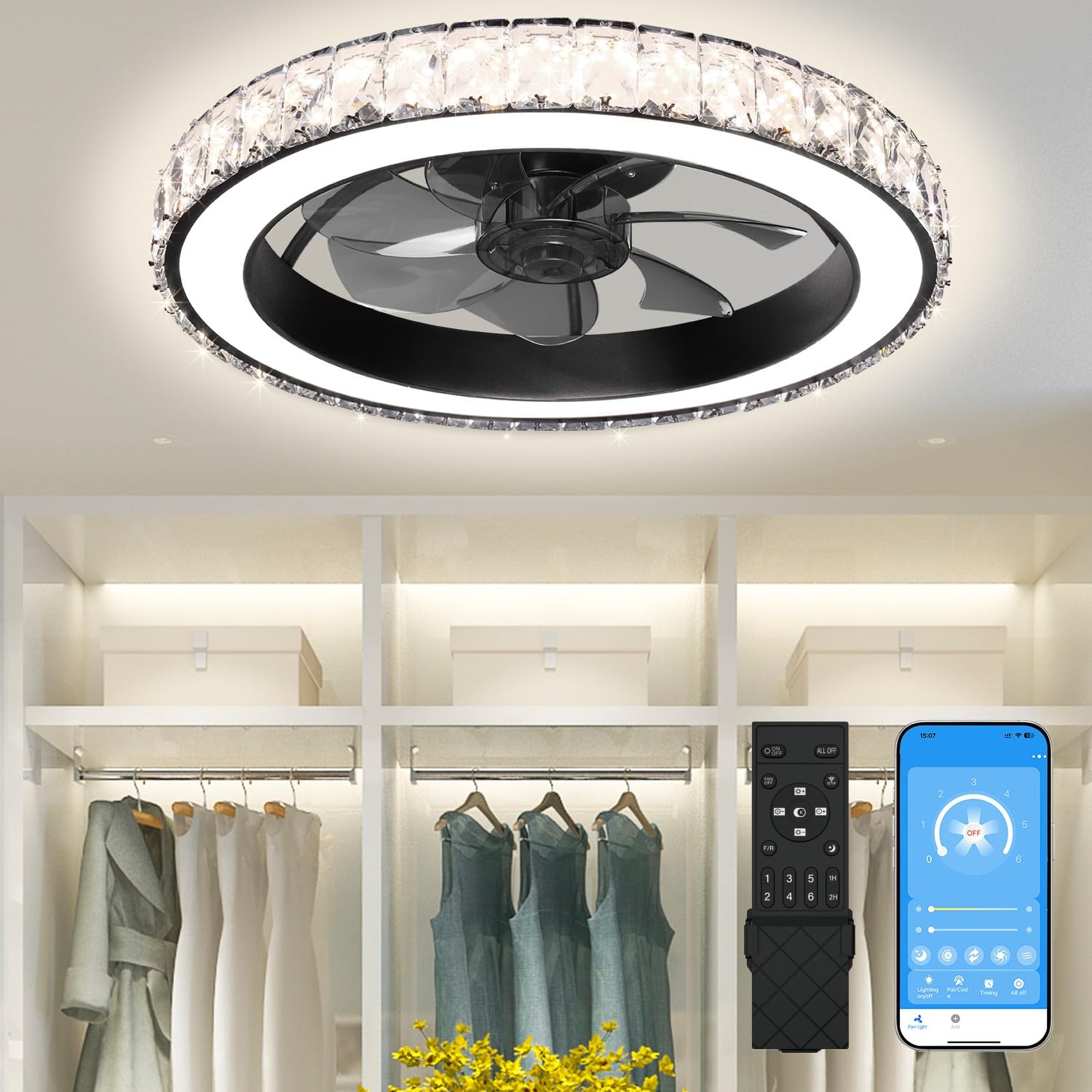 Aipsun Low Profile Modern Crystal Chandelier Ceiling Fans with Lights and Remote, 3000K-6500K Smart Bladeless LED Fan, 18 Black 