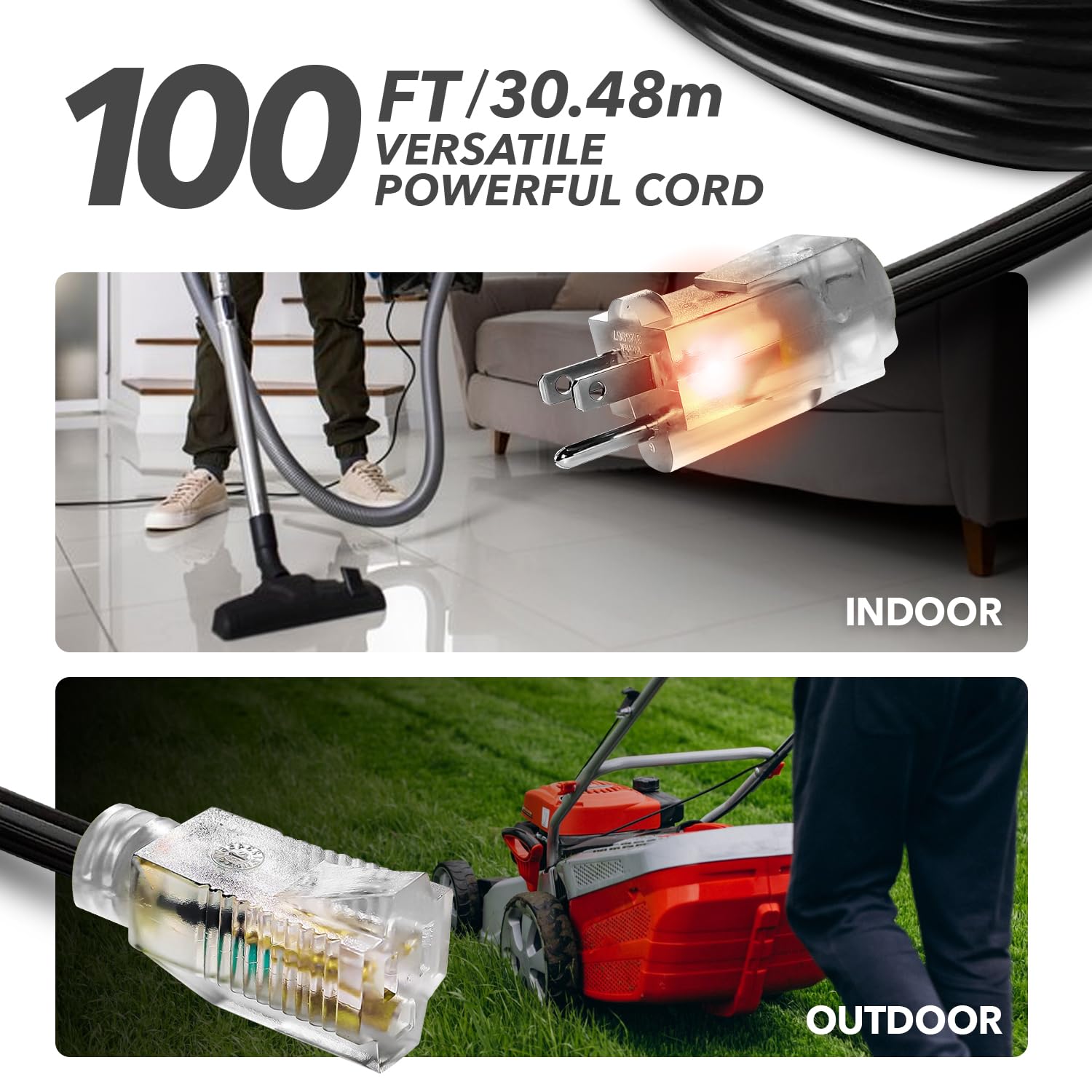 100 Ft Power Extension Cord, Indoor Outdoor, Heavy Duty, 3 Prong Sjtw, 12 Gauge, Lighted End, Extra Durability, 15 Amp 125 Volts