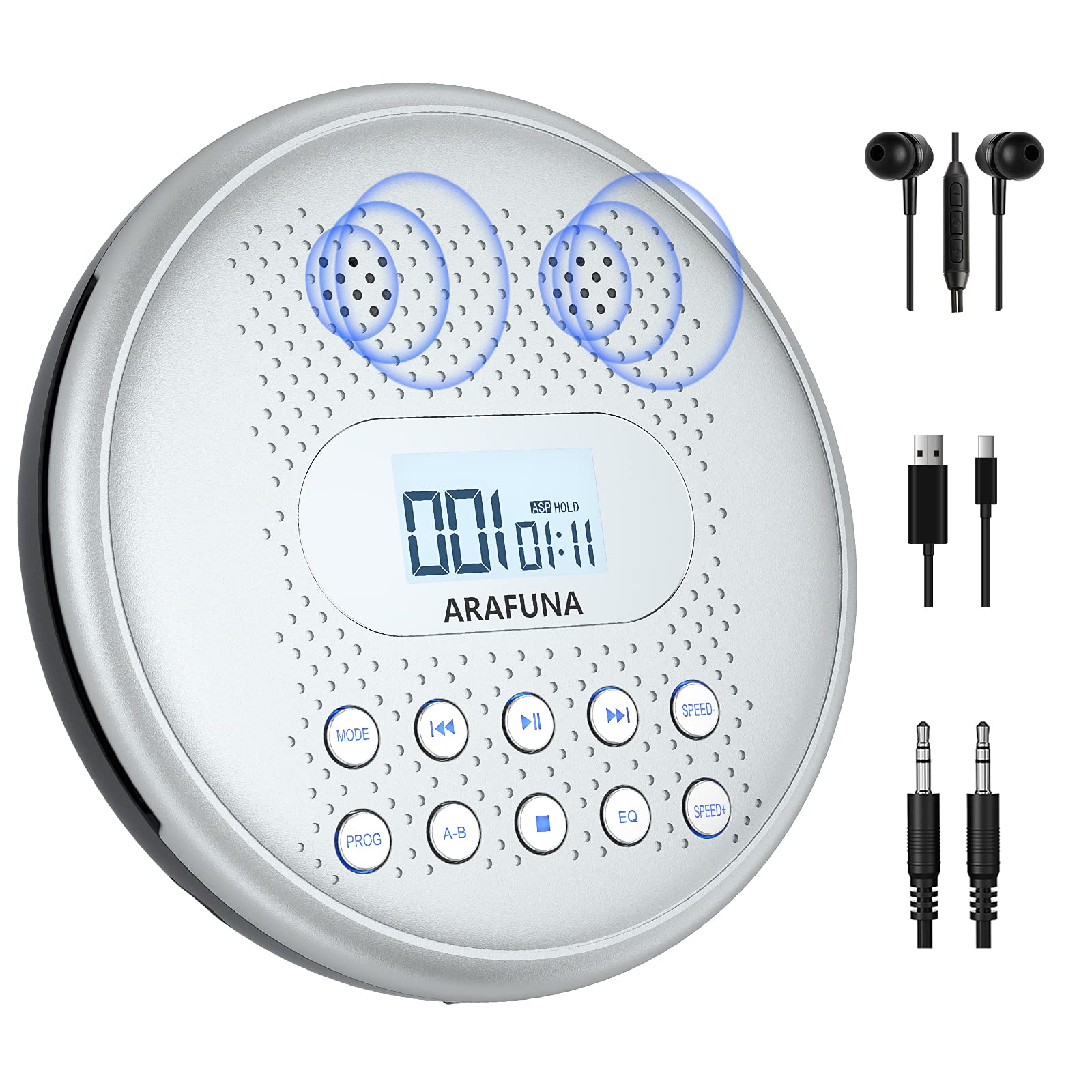 Arafuna Cd Player Portable, Rechargeable Portable Cd Players For Car With Speakers, Anti Skip Walkman Cd Player With Backlit Button, Lcd Display And Aux Cable