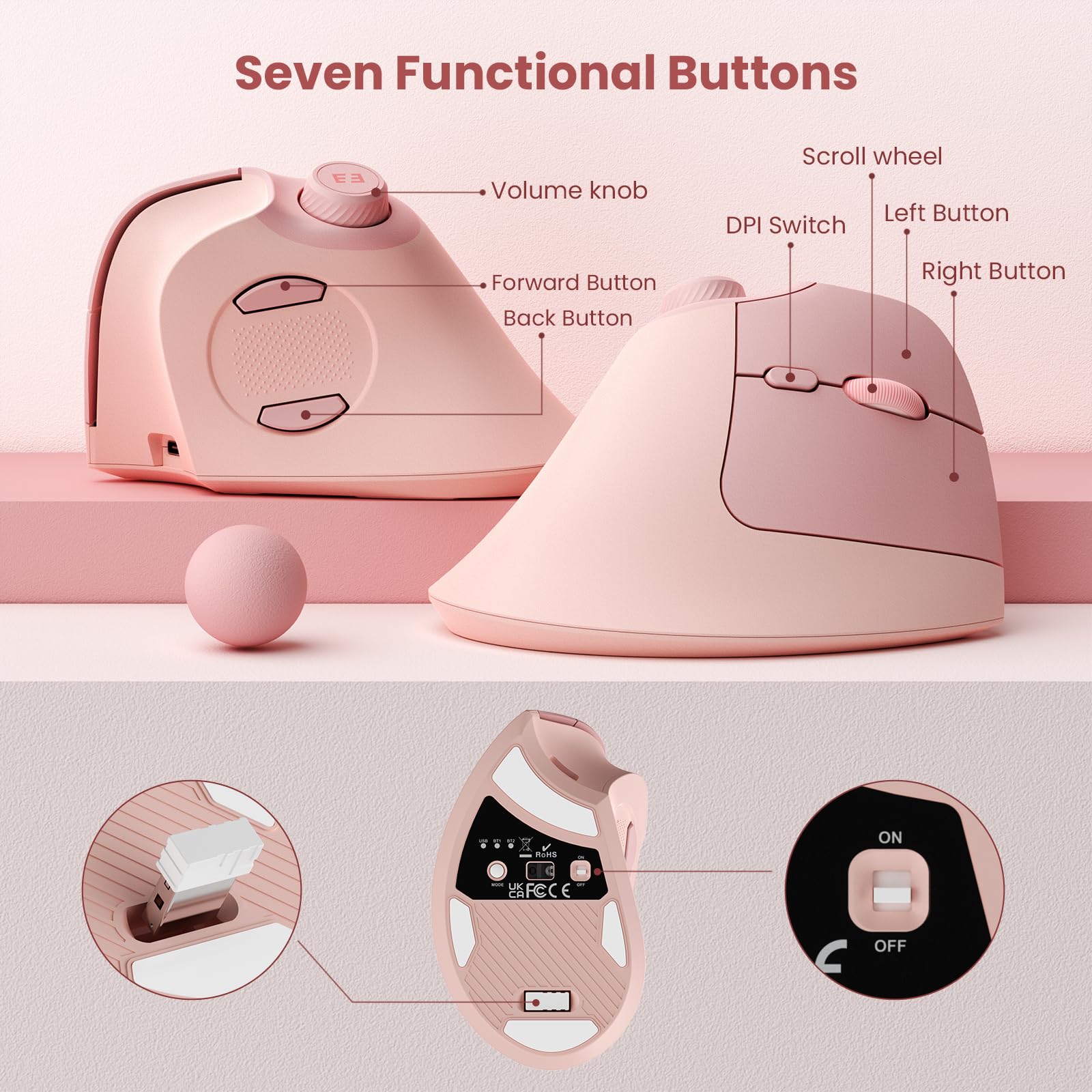 Seenda Ergonomic Mouse Rechargeable, Vertical Wireless Mouse With Volume Knob, Quiet Clicks, 3 Device Connection (Bluetooth Or Usb), Optical Mice For Windows, Pc And Mac  Rose